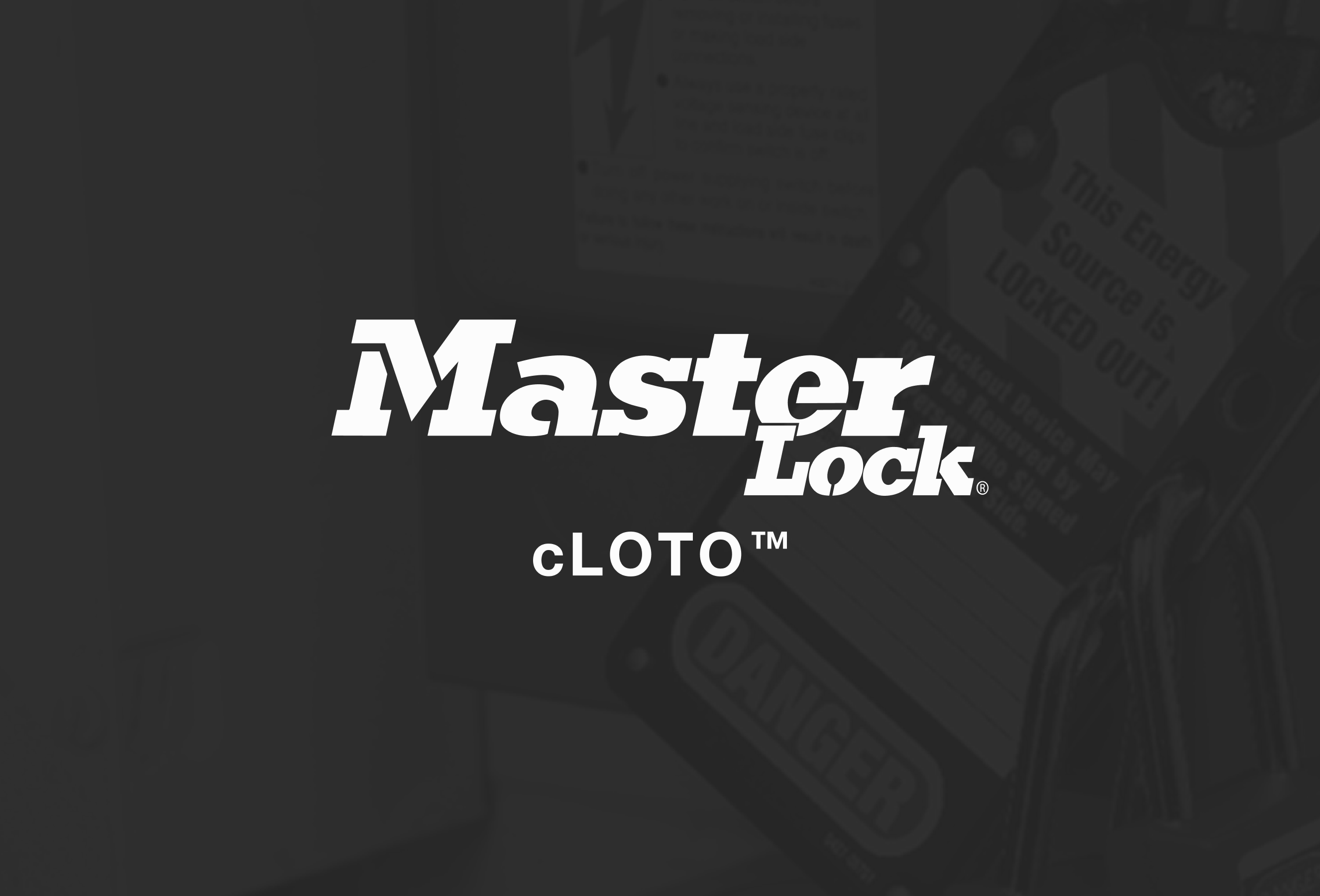 Master Lock cLOTO logo over a blurred background of lockout tagout safety devices.