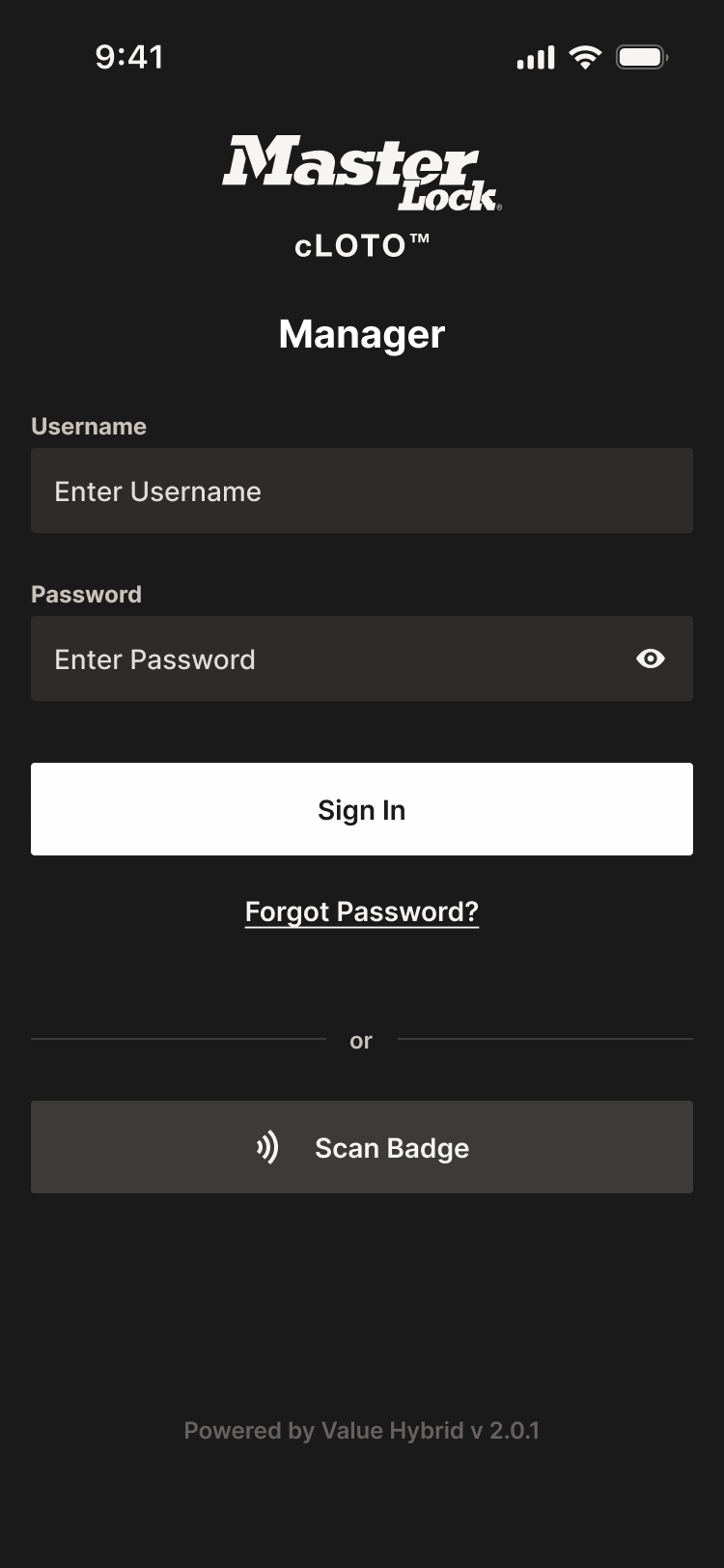 Master Lock cLOTO Manager login screen with username and password fields, sign in and scan badge options.