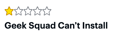 One yellow star and four gray stars with text: Geek Squad Can’t Install