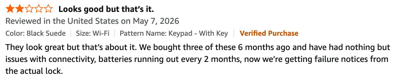 Customer review with 2 out of 5 stars critiquing connectivity and battery issues of a Wi-Fi keypad lock.