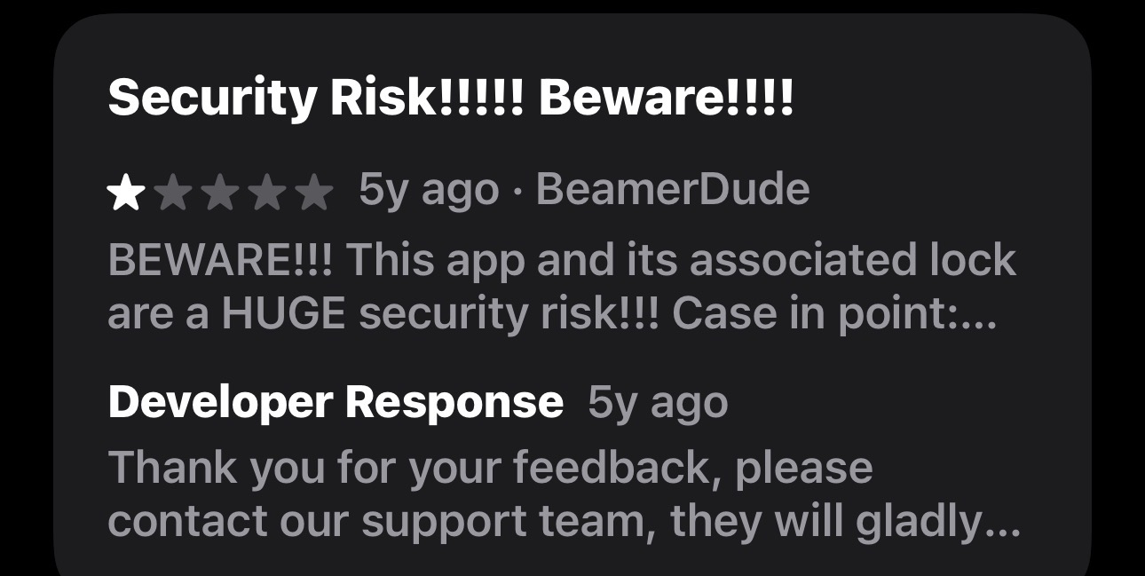 App review warning of huge security risk with a one-star rating and developer response thanking for feedback.