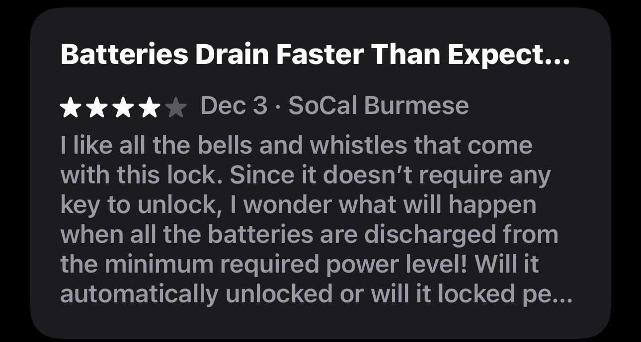 Review titled 'Batteries Drain Faster Than Expect...' with 4-star rating by SoCal Burmese dated Dec 3.