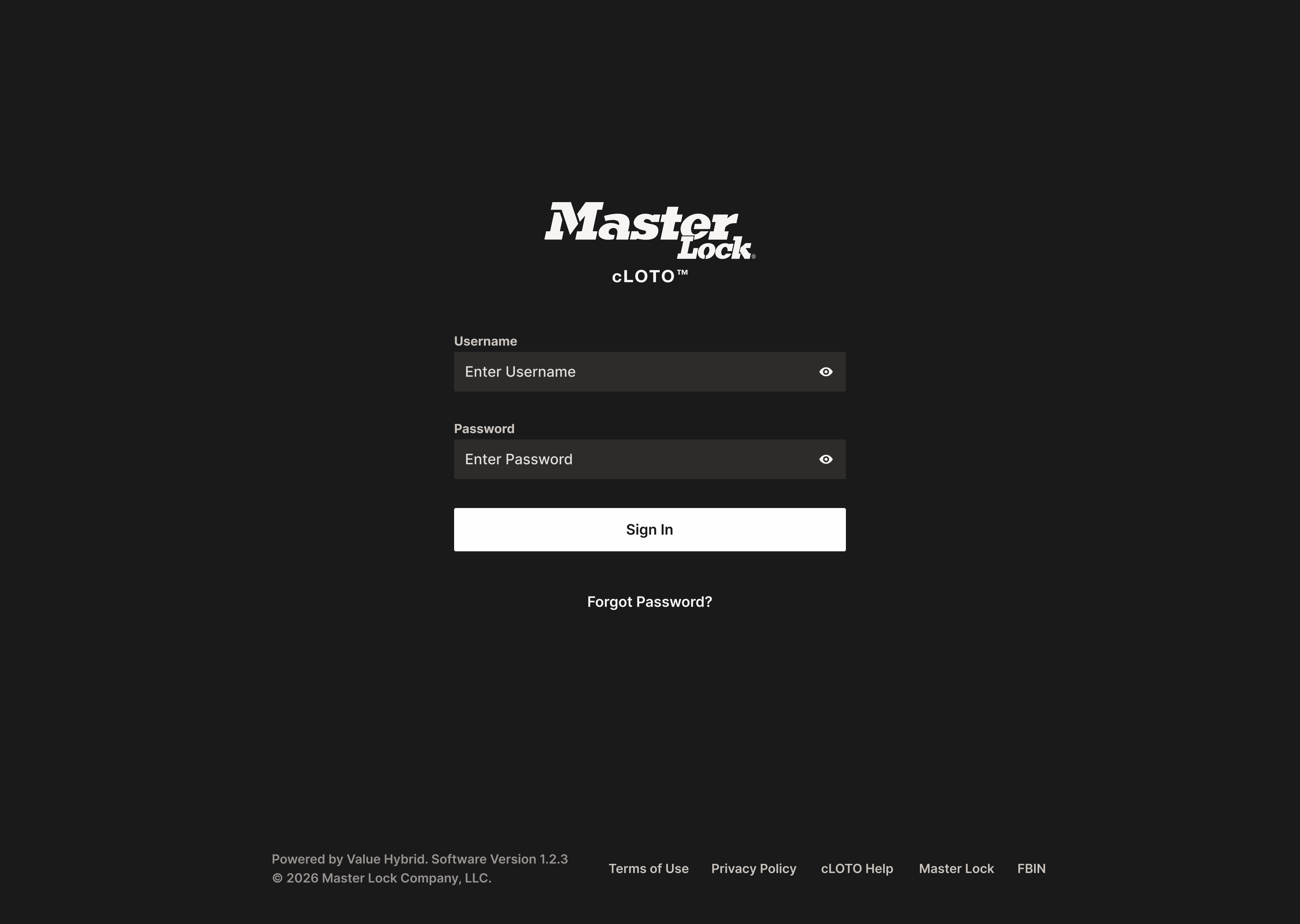 Login screen with Master Lock cLOTO logo, username and password fields, sign-in button, and forgot password link.