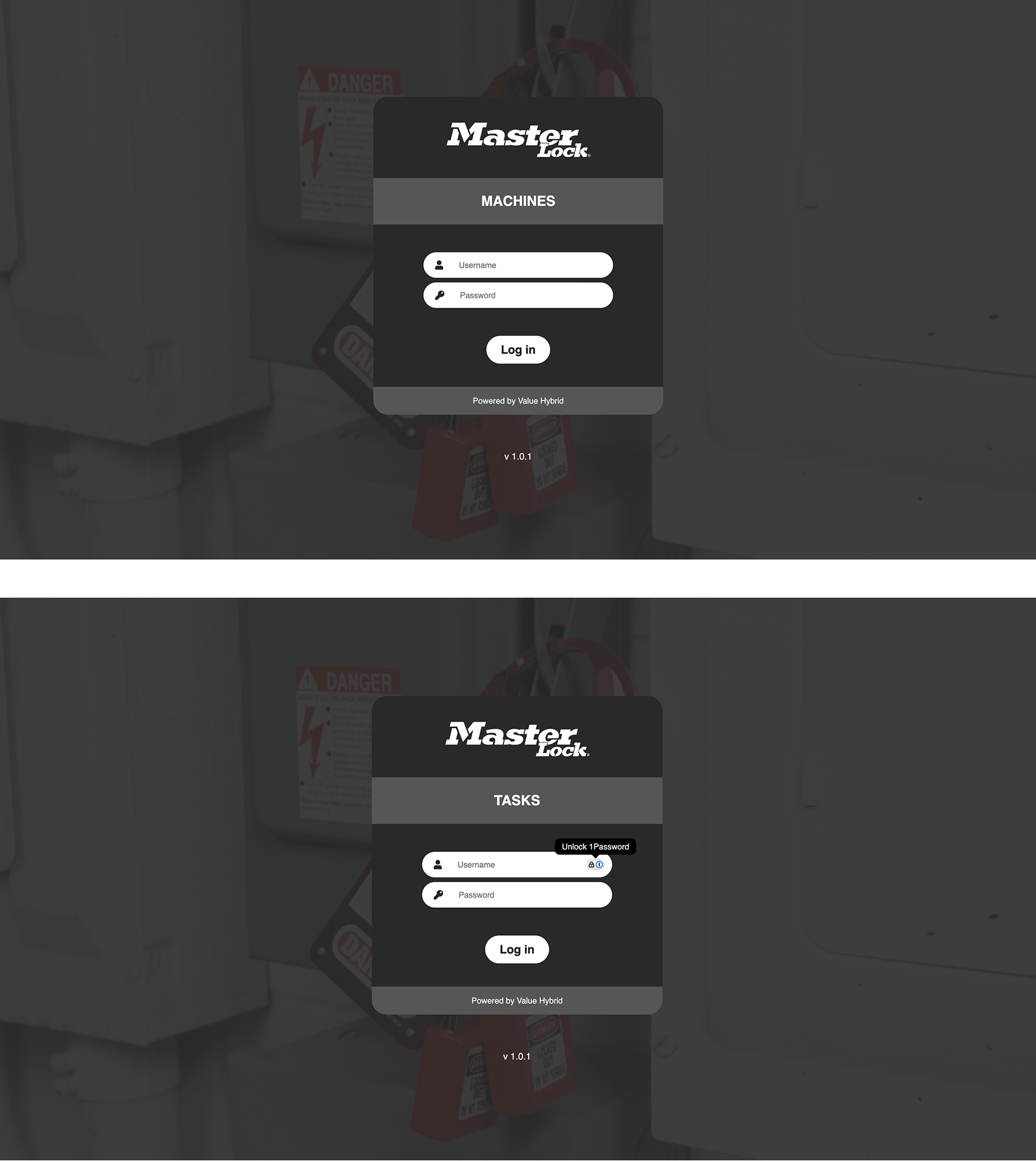 Two login screens for Master Lock Machines and Tasks with username and password fields and Log in buttons.