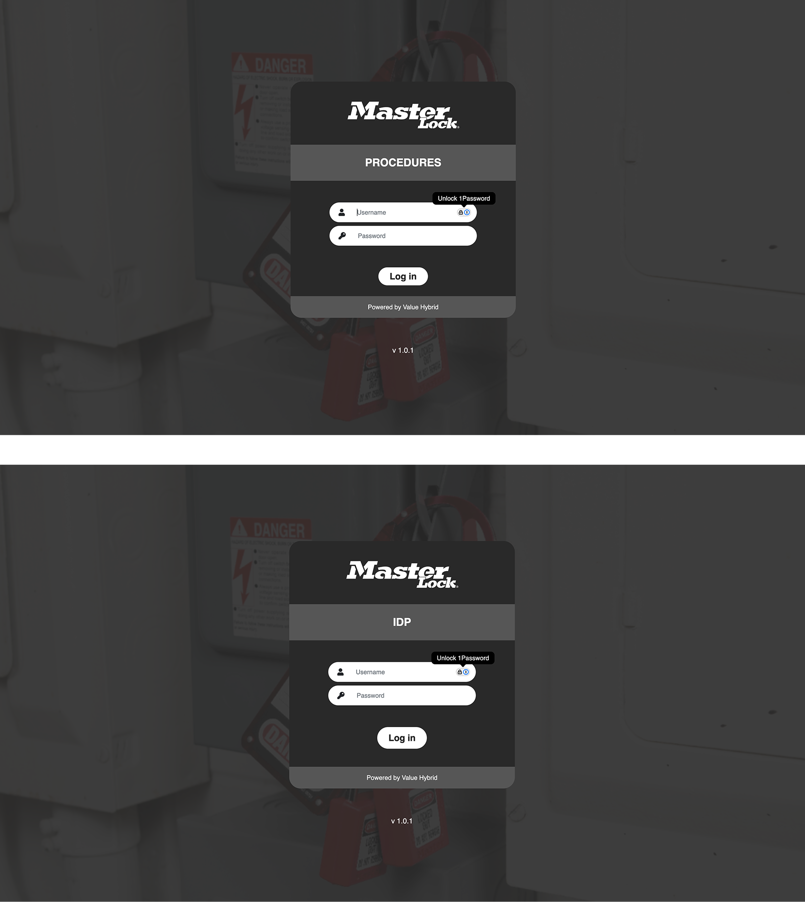 Two login screens for Master Lock titled PROCEDURES and IDP with username and password fields and log in buttons.