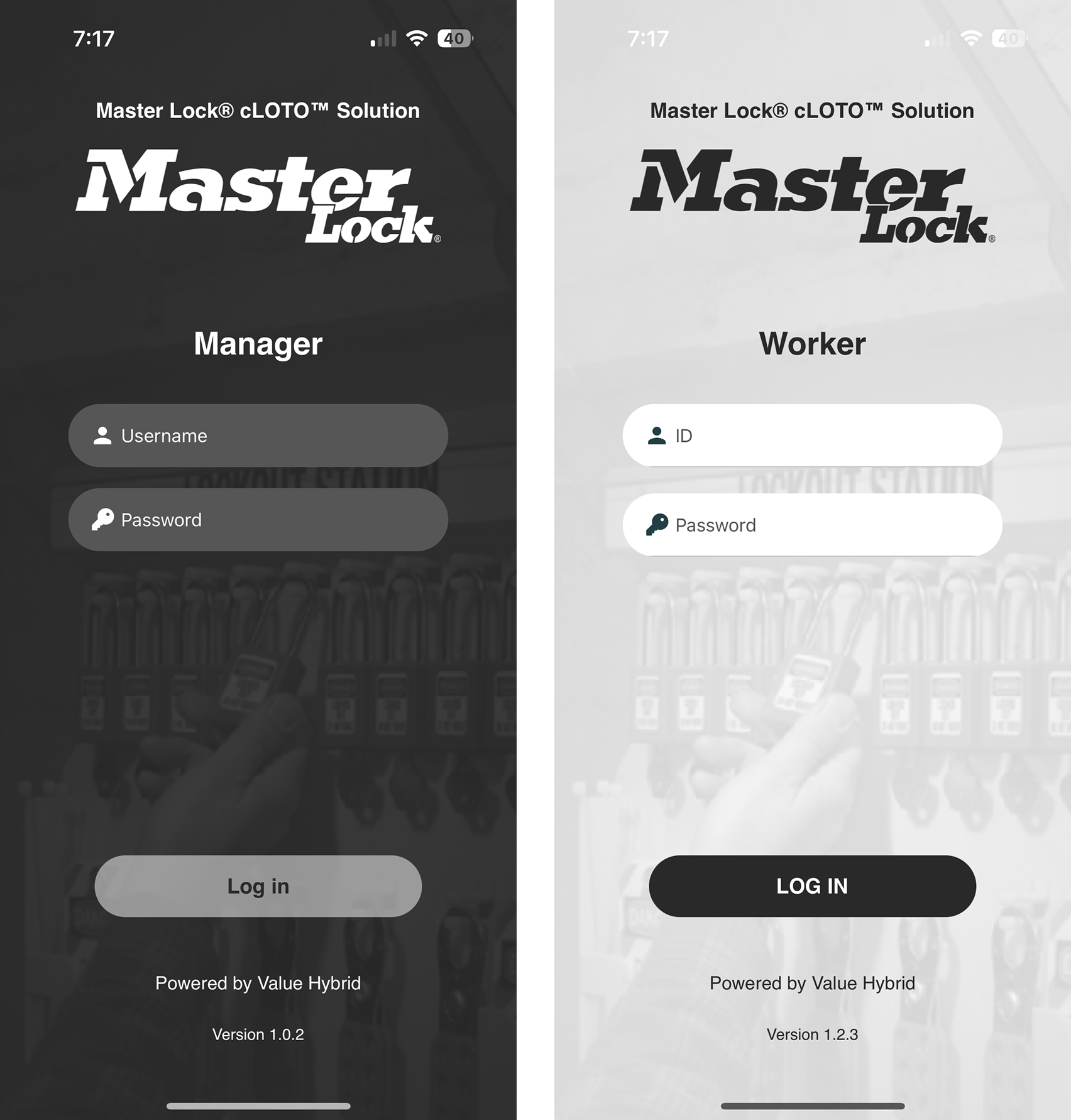 Side-by-side Master Lock app login screens for Manager and Worker with username or ID and password fields.