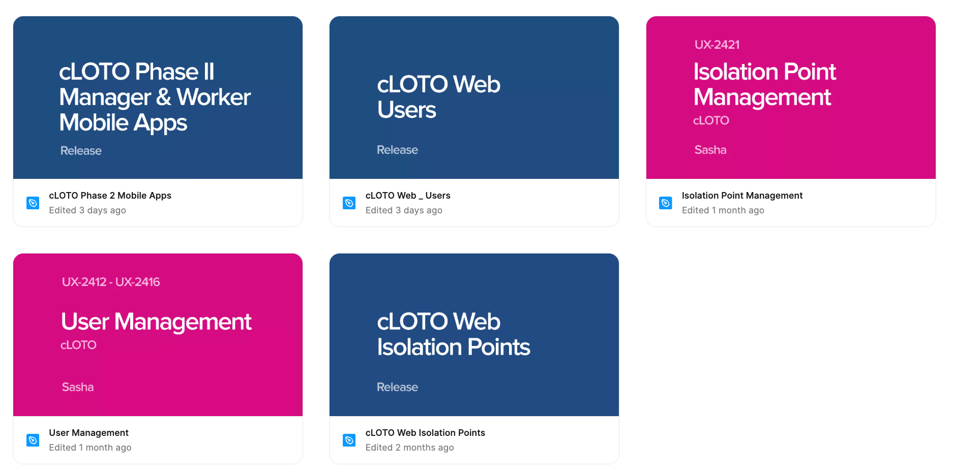 Dashboard with five project cards showing cLOTO app releases and management tasks by Sasha and others.