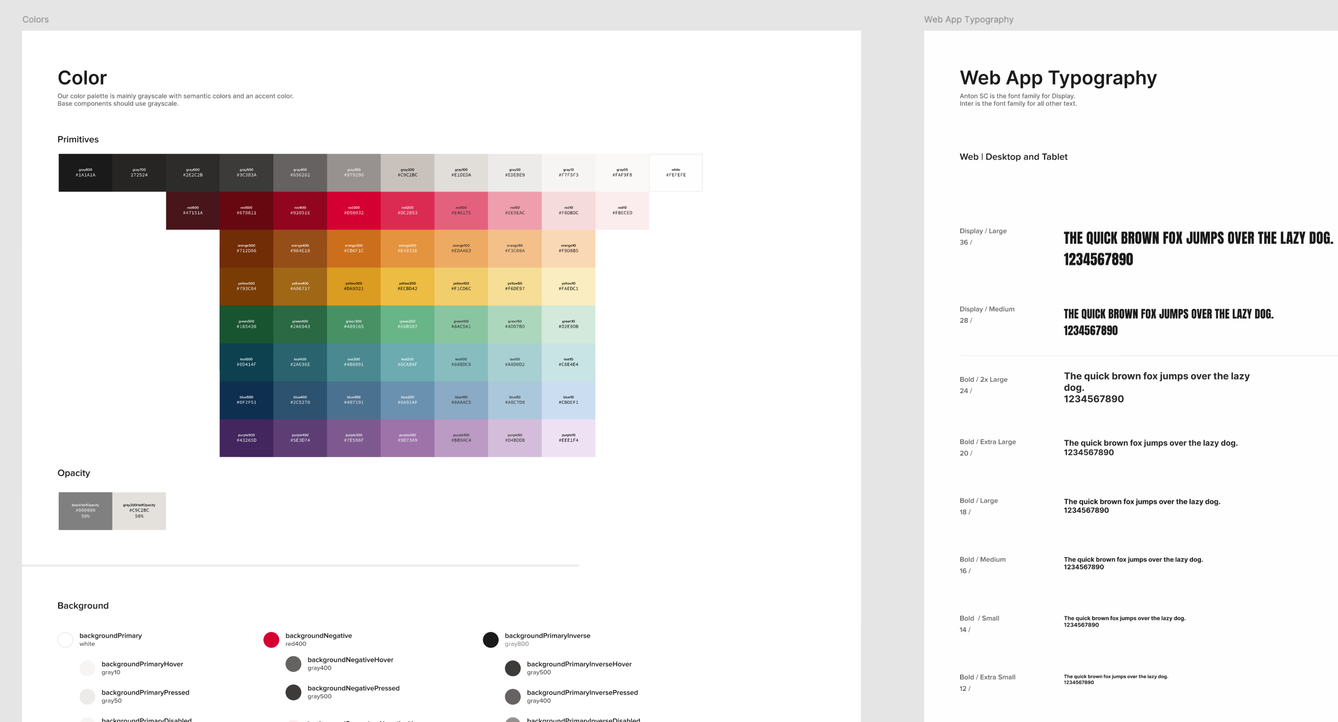 Color palette and opacity samples on left; web app typography examples in Anton SC font on right.