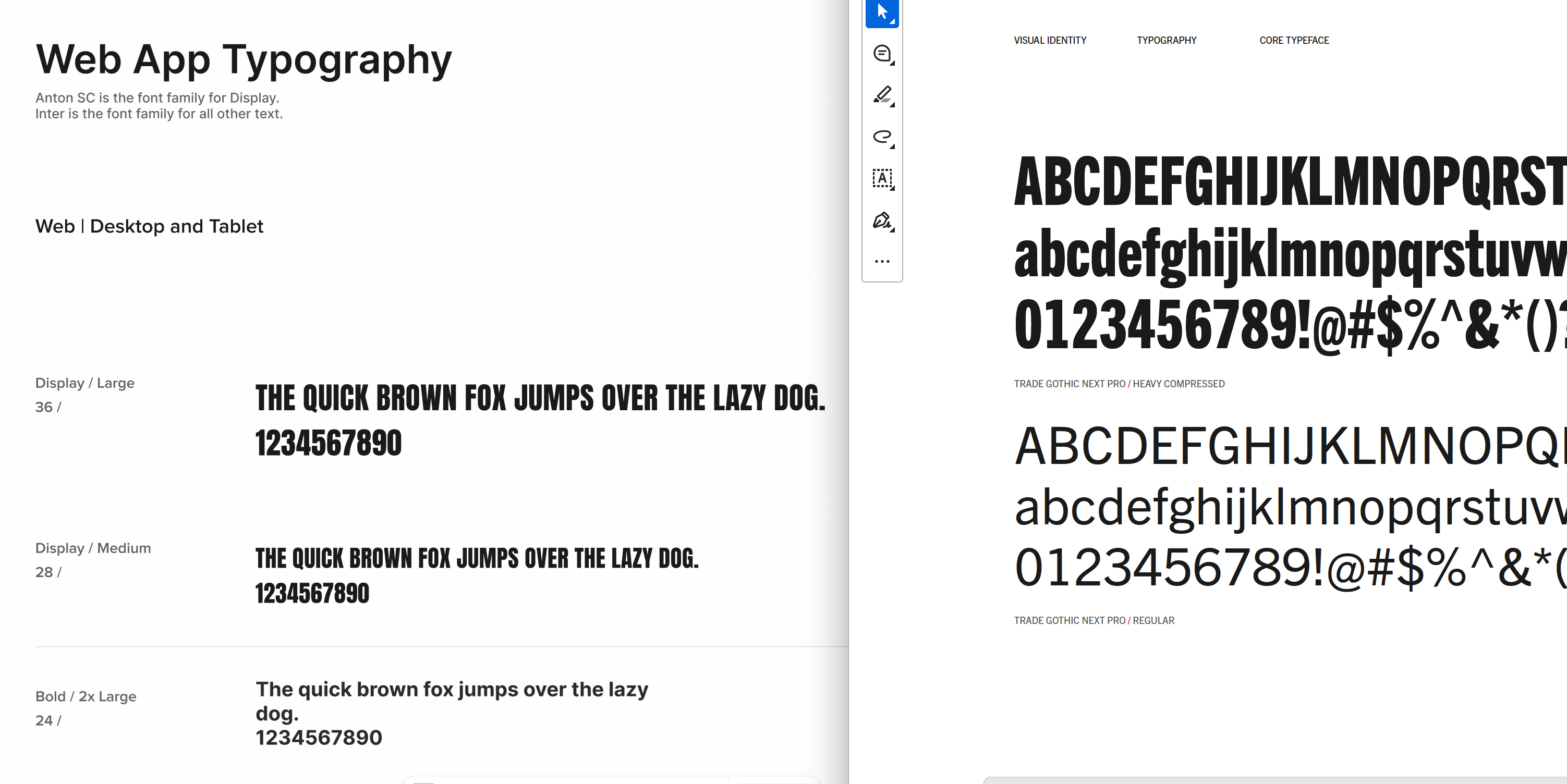 Web app typography samples using Anton SC for display and Inter for body text with sizes and weights shown.