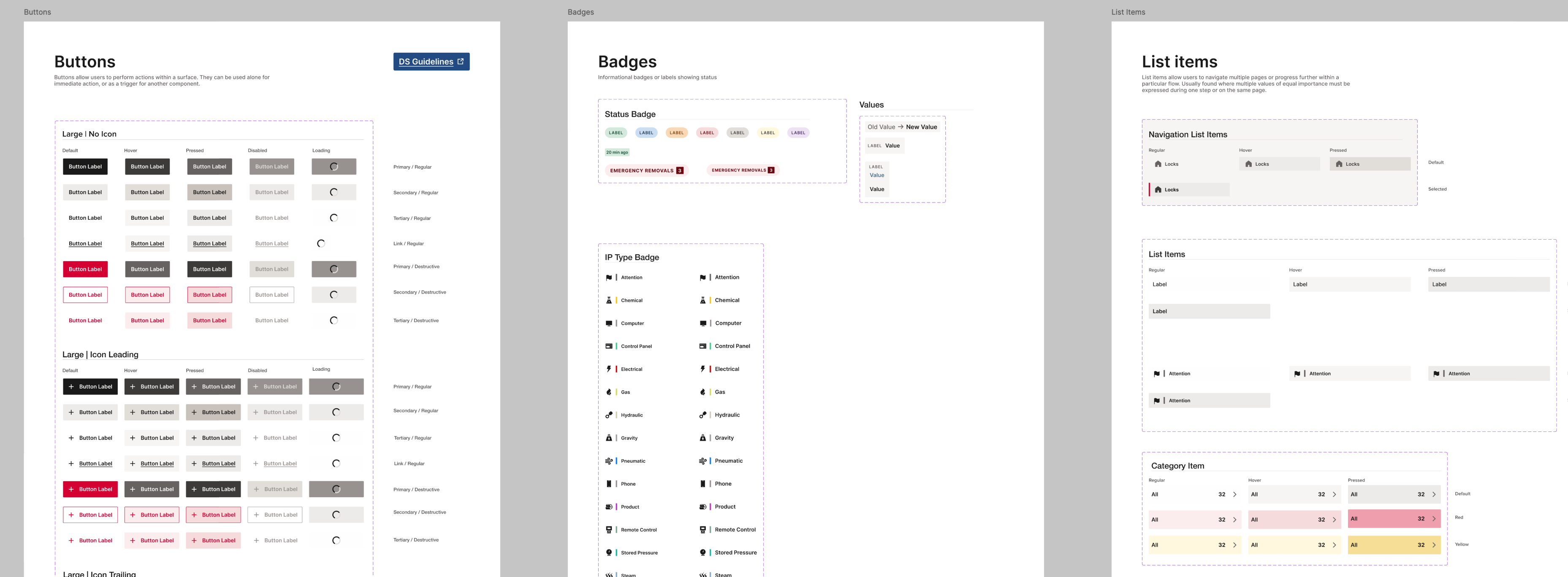 UI design system showing buttons, badges, and list items with various states and styles.