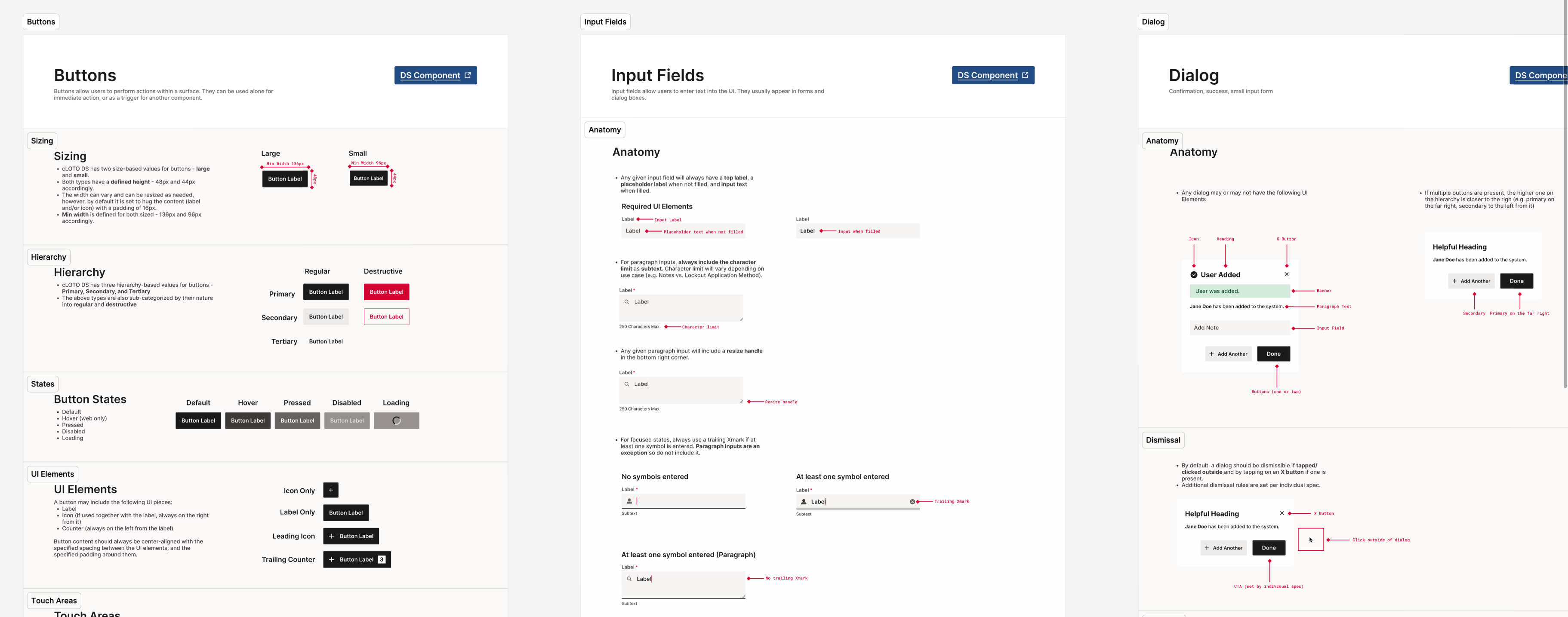 UI design specs showing buttons, input fields, and dialog components with labels and states explained.