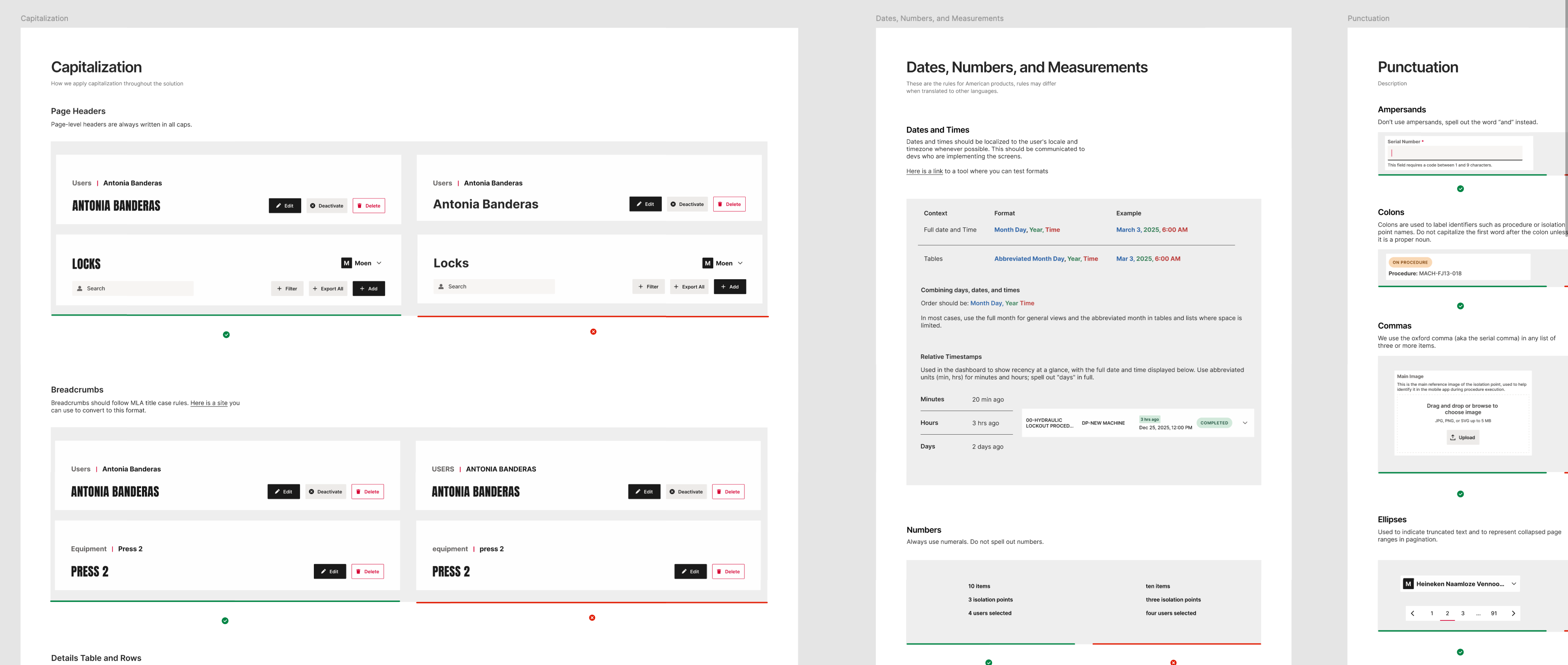 Design guidelines showing capitalization, date formats, punctuation, and examples of page headers and breadcrumbs.