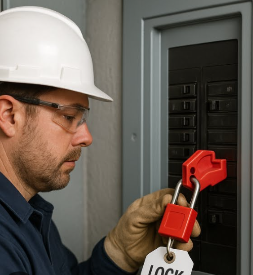 Electrician wearing safety gear locking a circuit breaker with a red padlock and tag.