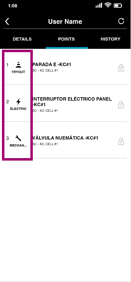 Mobile app screen showing three points types: Tryout, Electric, and Mechanical with icons and locks.