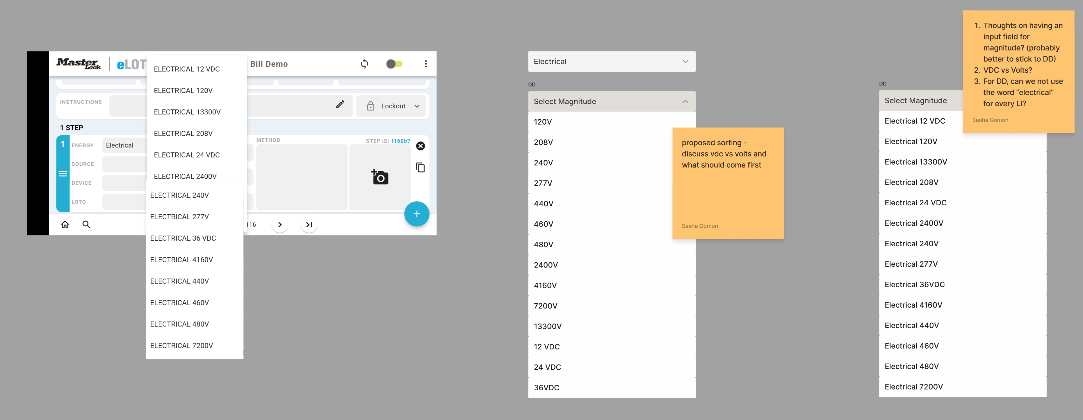 UI screens showing dropdown menus with electrical voltage options and notes about sorting and labeling choices.