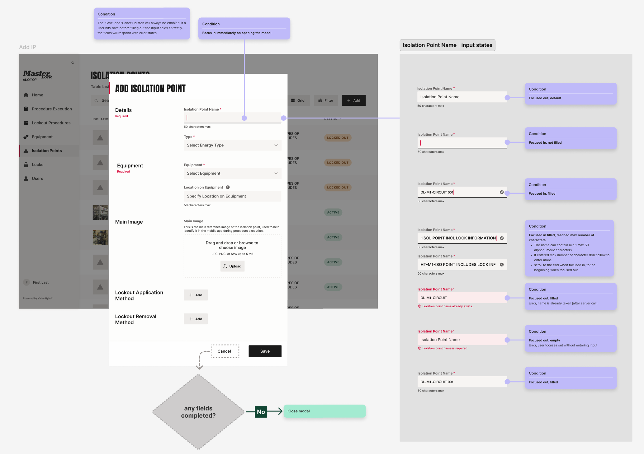 UI design for adding isolation points with input conditions, error states, and form validation details.