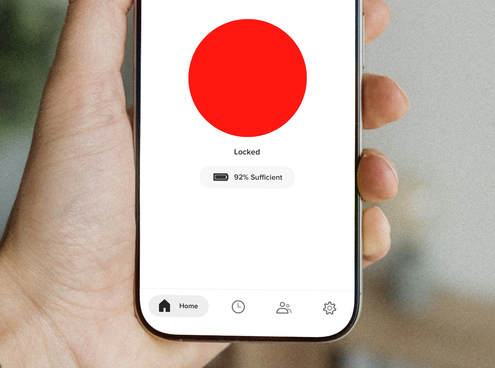Phone screen showing a large red circle labeled Locked and battery status at 92% Sufficient.