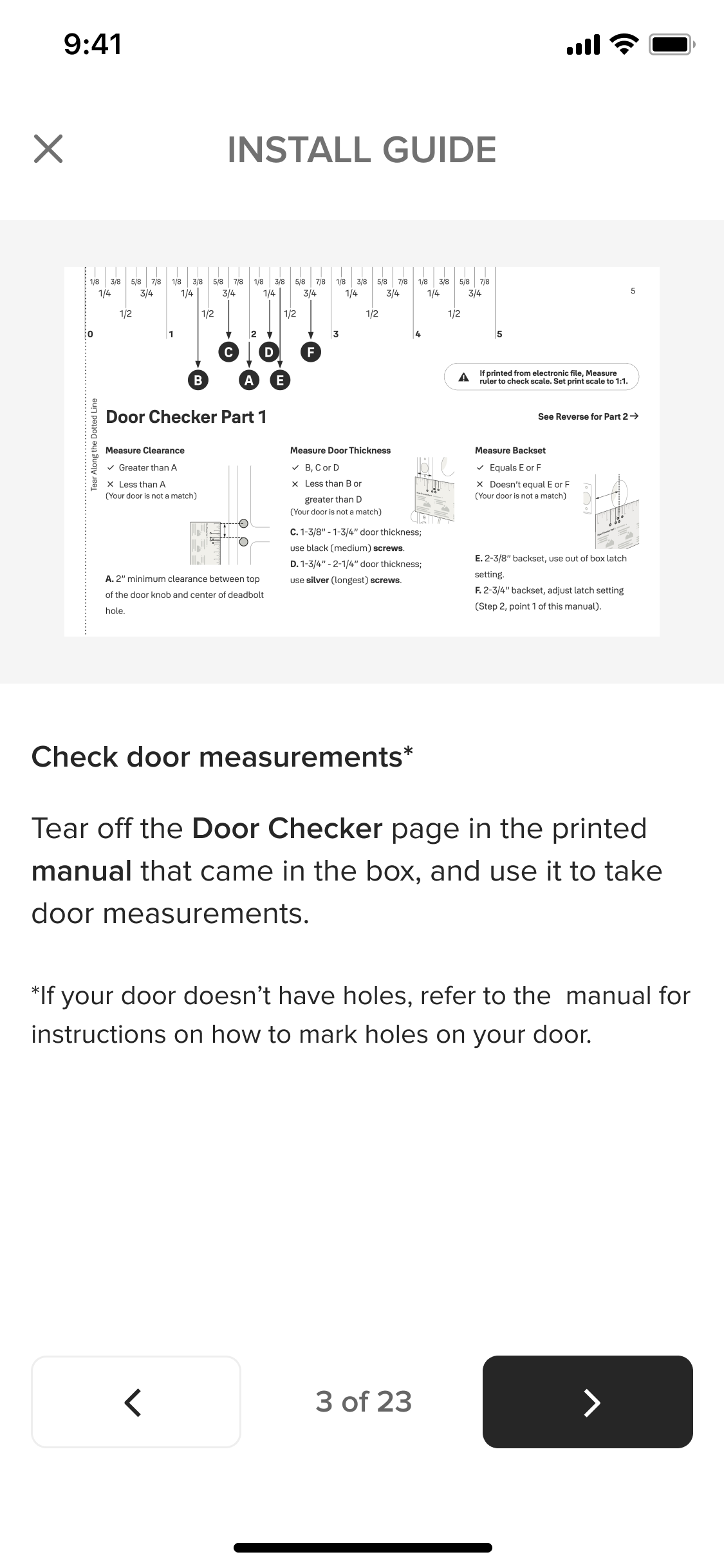 Screen showing install guide page about using Door Checker page to take door measurements.
