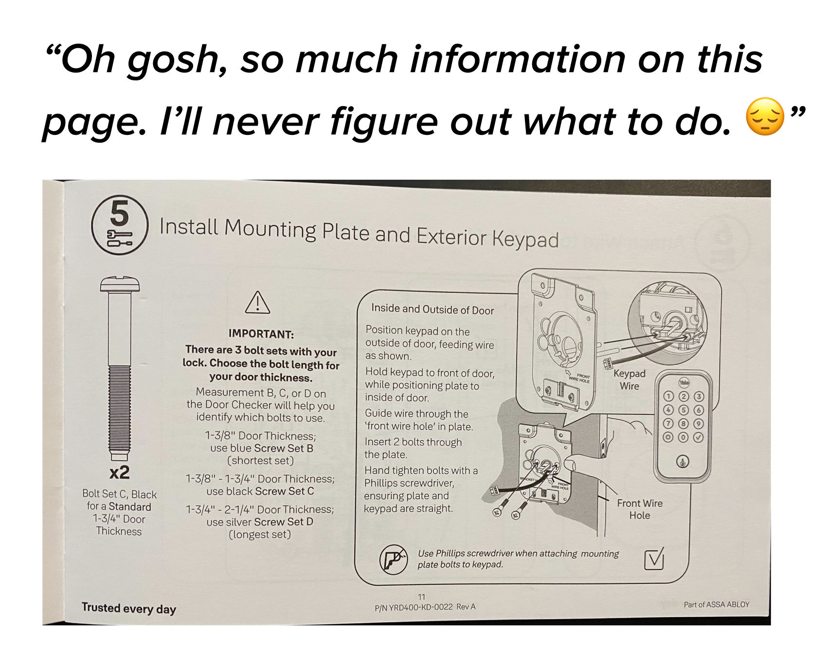 Instruction sheet for installing keypad and mounting plate with bolt length guide and wiring diagram.
