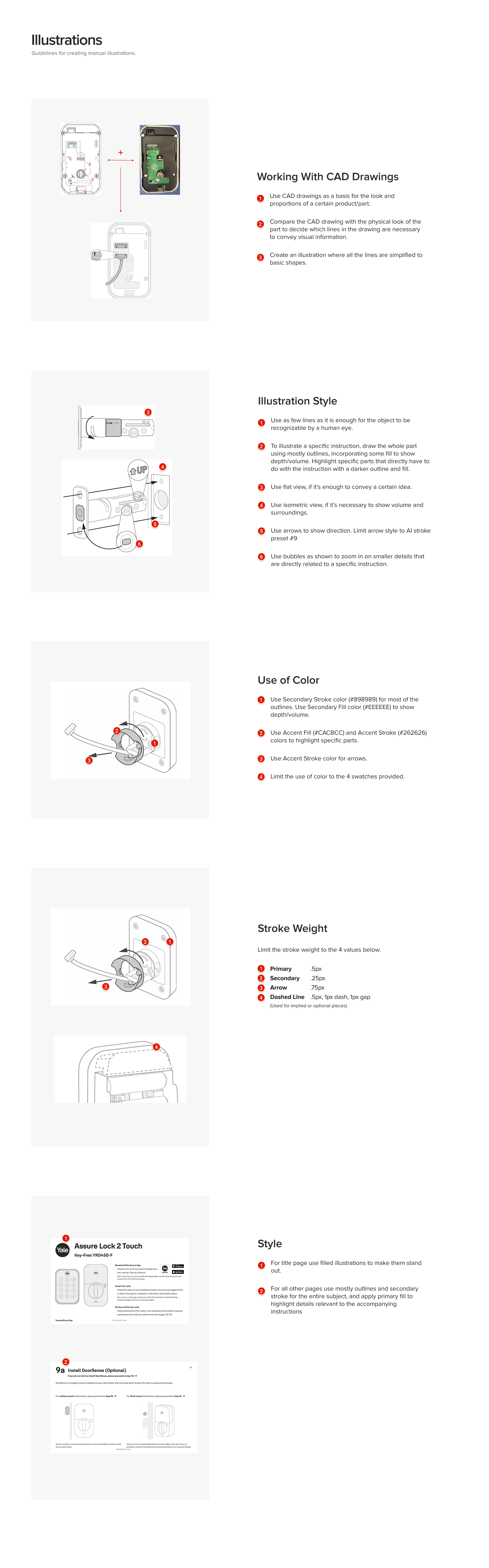 Illustration guidelines showing styles, CAD use, color, stroke weight, and style for product manual images.