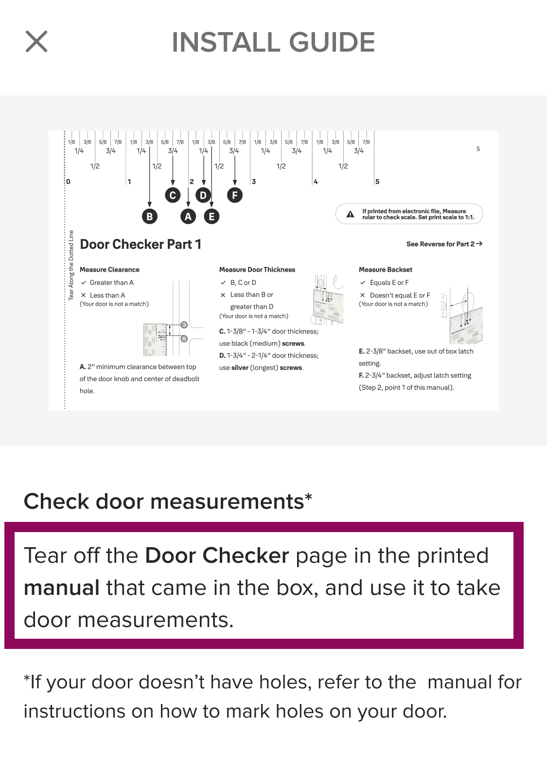 Install guide showing Door Checker Part 1 with measurements for clearance, door thickness, and backset.