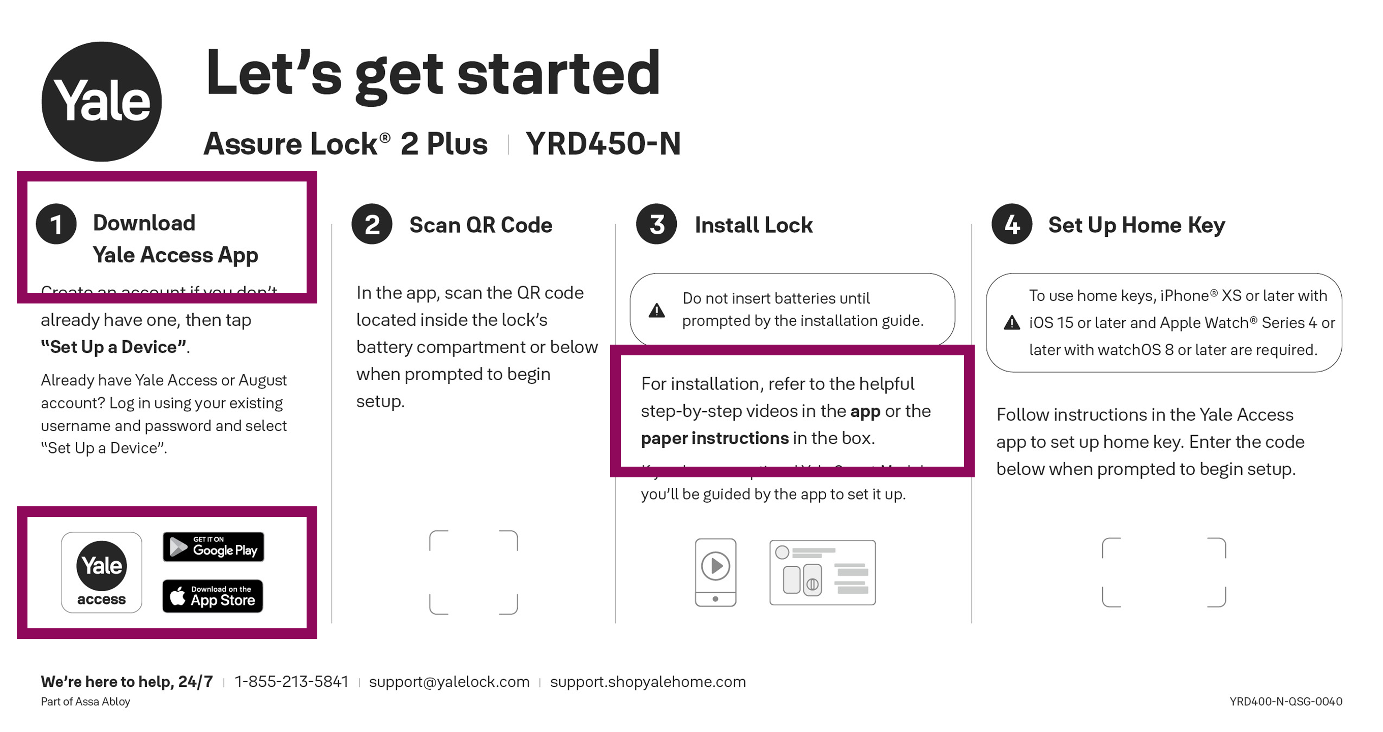 Yale Assure Lock quick start guide showing steps: download app, scan QR code, install lock, set up home key.