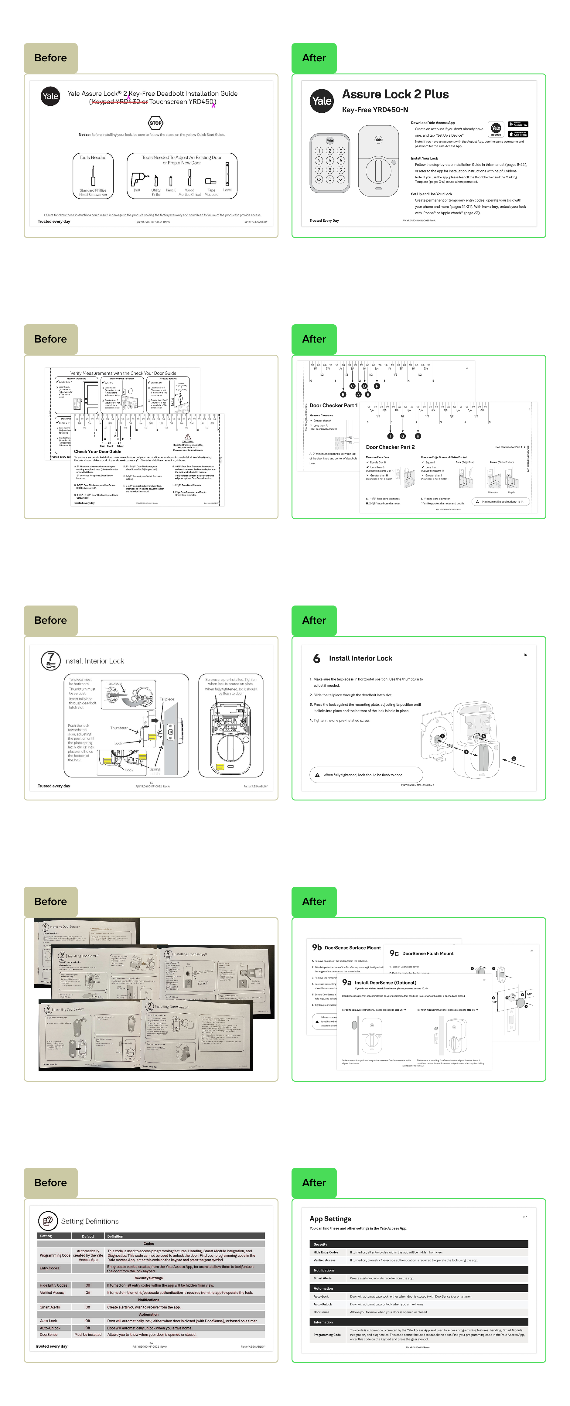 Before-and-after comparison of lock installation guides showing clearer layout and updated content in after versions.