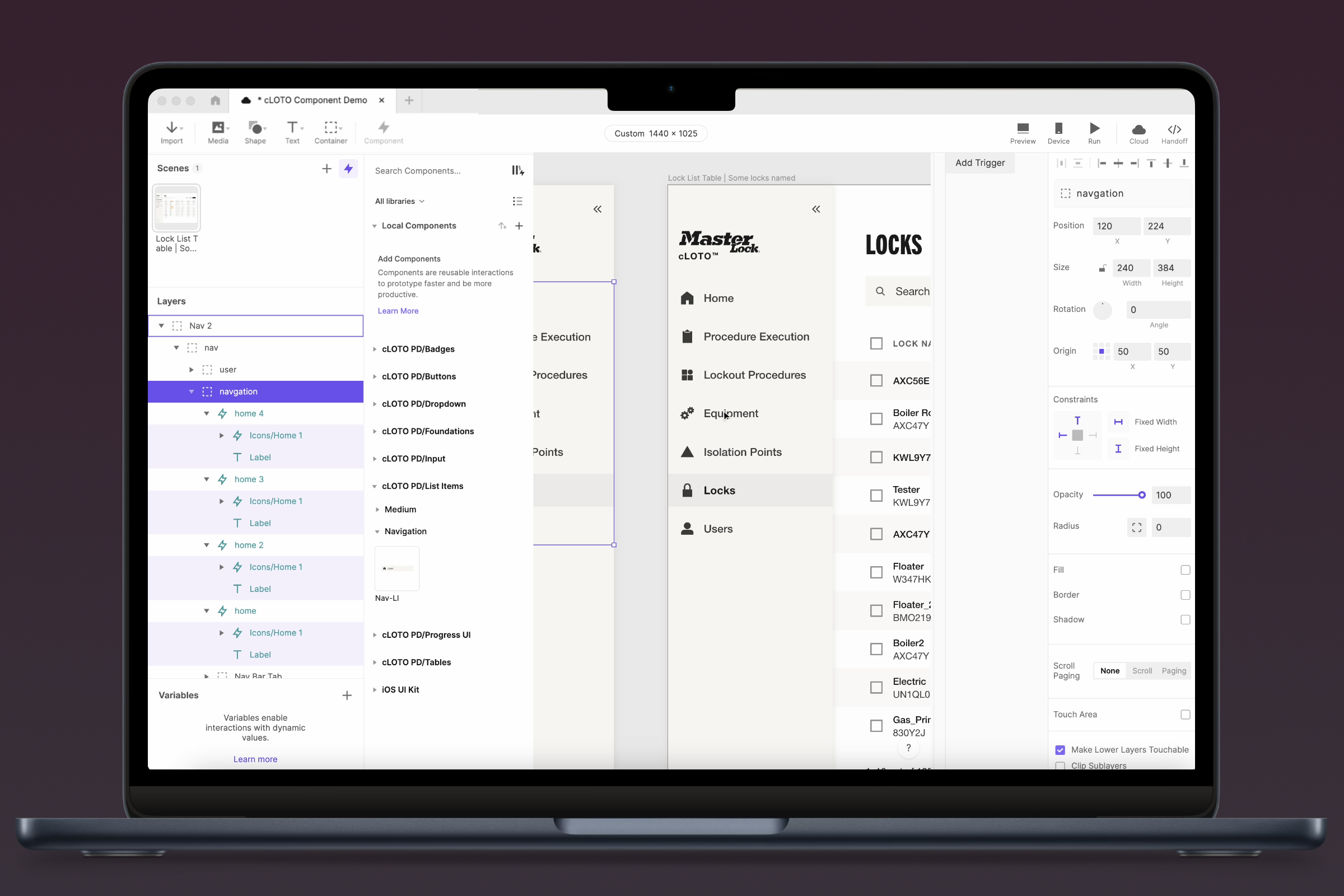 Laptop screen showing a design app with a navigation sidebar for lockout procedure components.