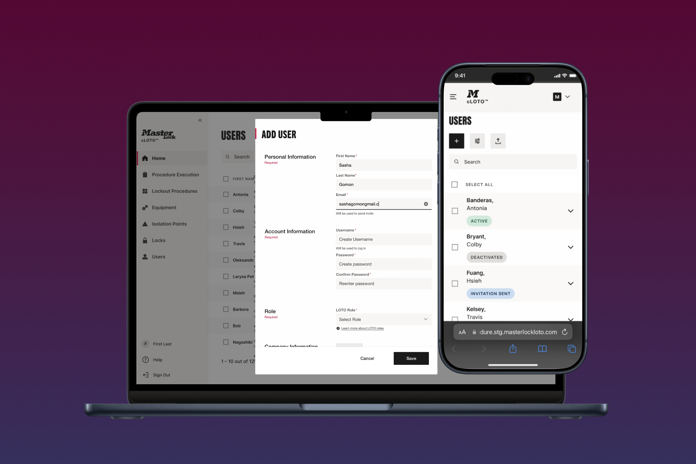 Laptop and smartphone screens show a user management interface including user list and add user form.
