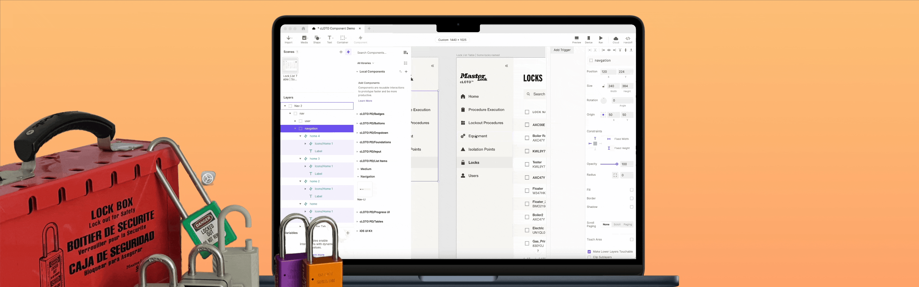 Laptop screen showing a UI design tool with a navigation menu and user interface components for a lock system.