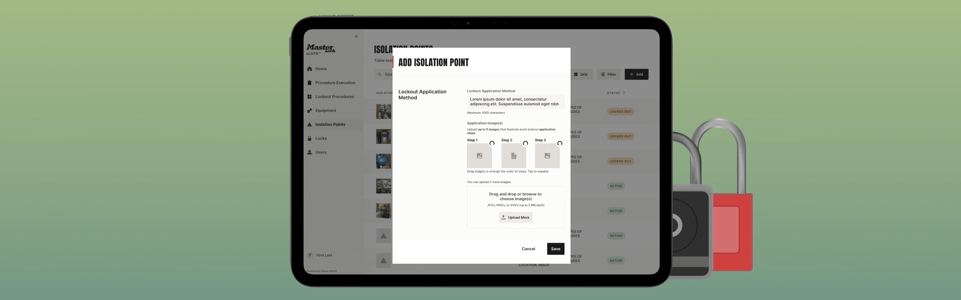 Tablet screen showing an interface to add isolation points with lockout method and upload images steps.