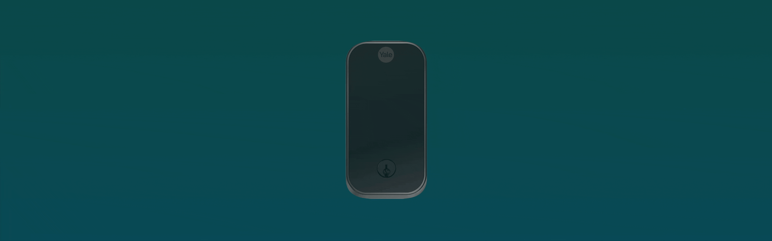 Black Yale smart lock with touchscreen keypad and keyhole on a teal background.