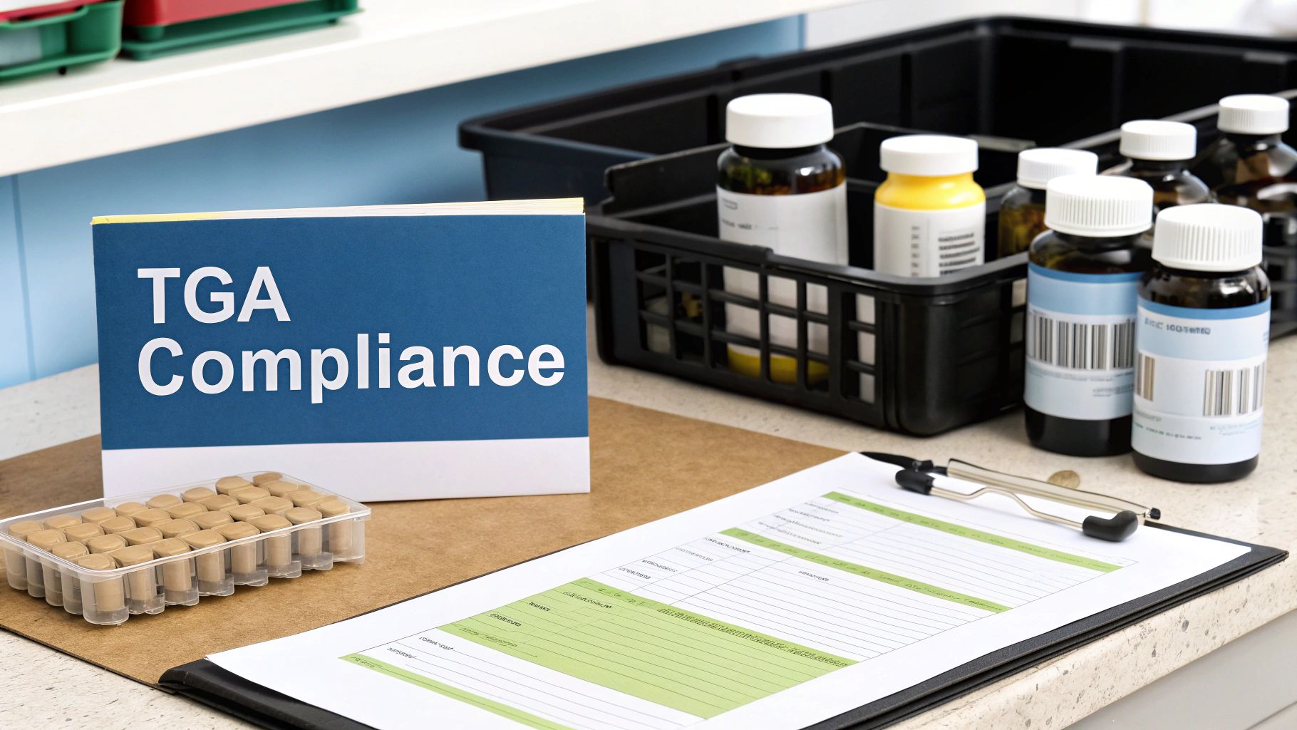 A 'TGA Compliance' binder, medication bottles, pills, and a checklist on a counter, signifying pharmaceutical regulation.