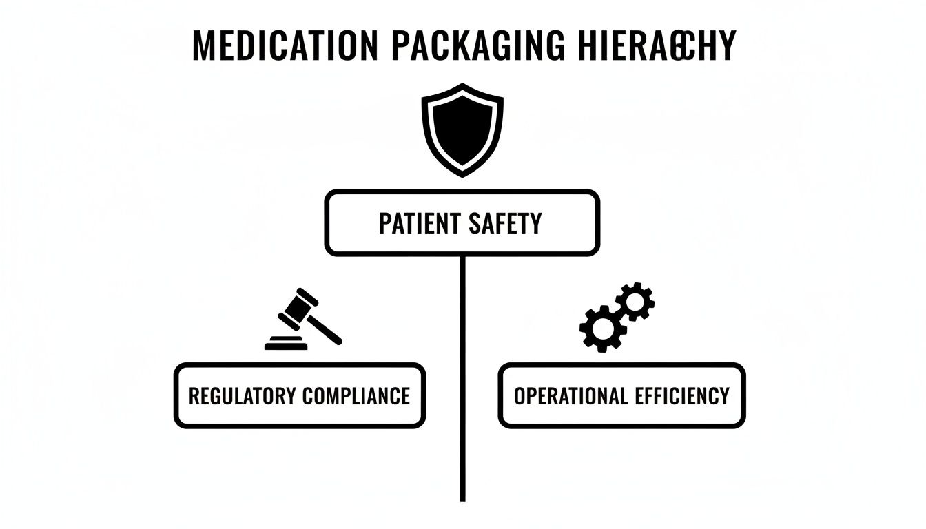 A diagram illustrating the medication packaging hierarchy, prioritizing patient safety, regulatory compliance, and operational efficiency.