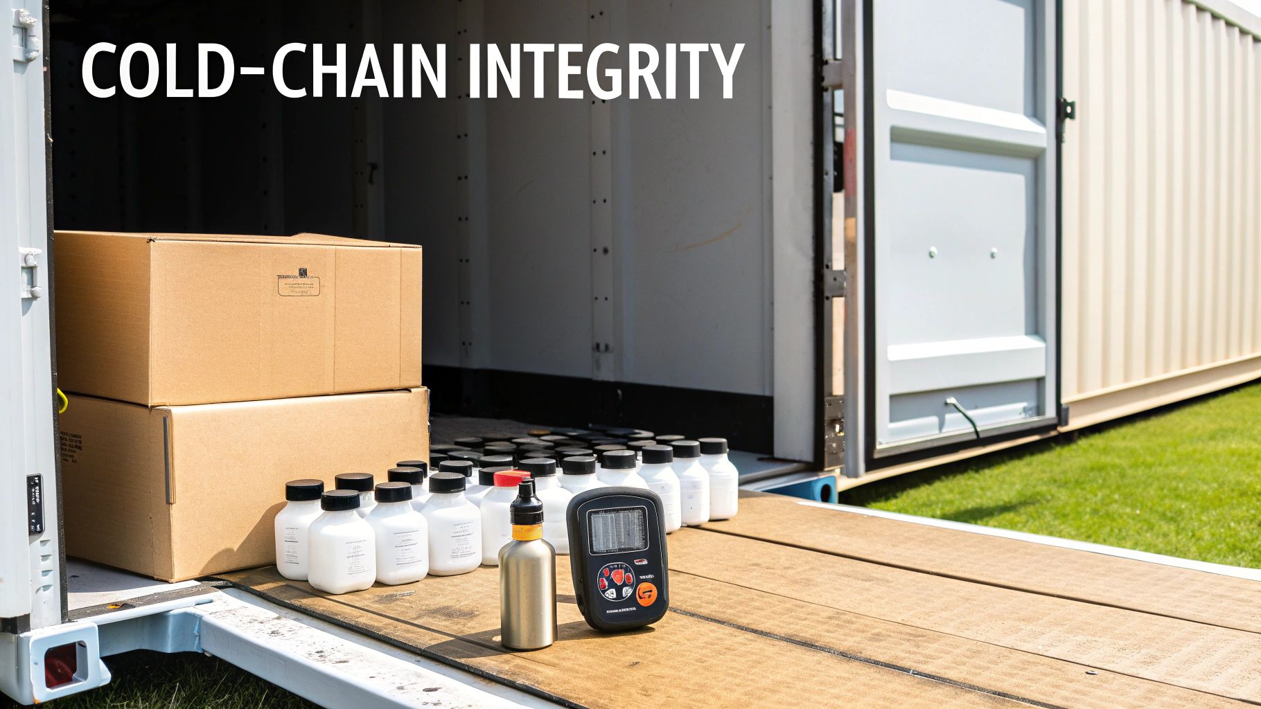 A large shipping container open, showing stacked boxes, white bottles, and a digital temperature monitor for cold-chain integrity.