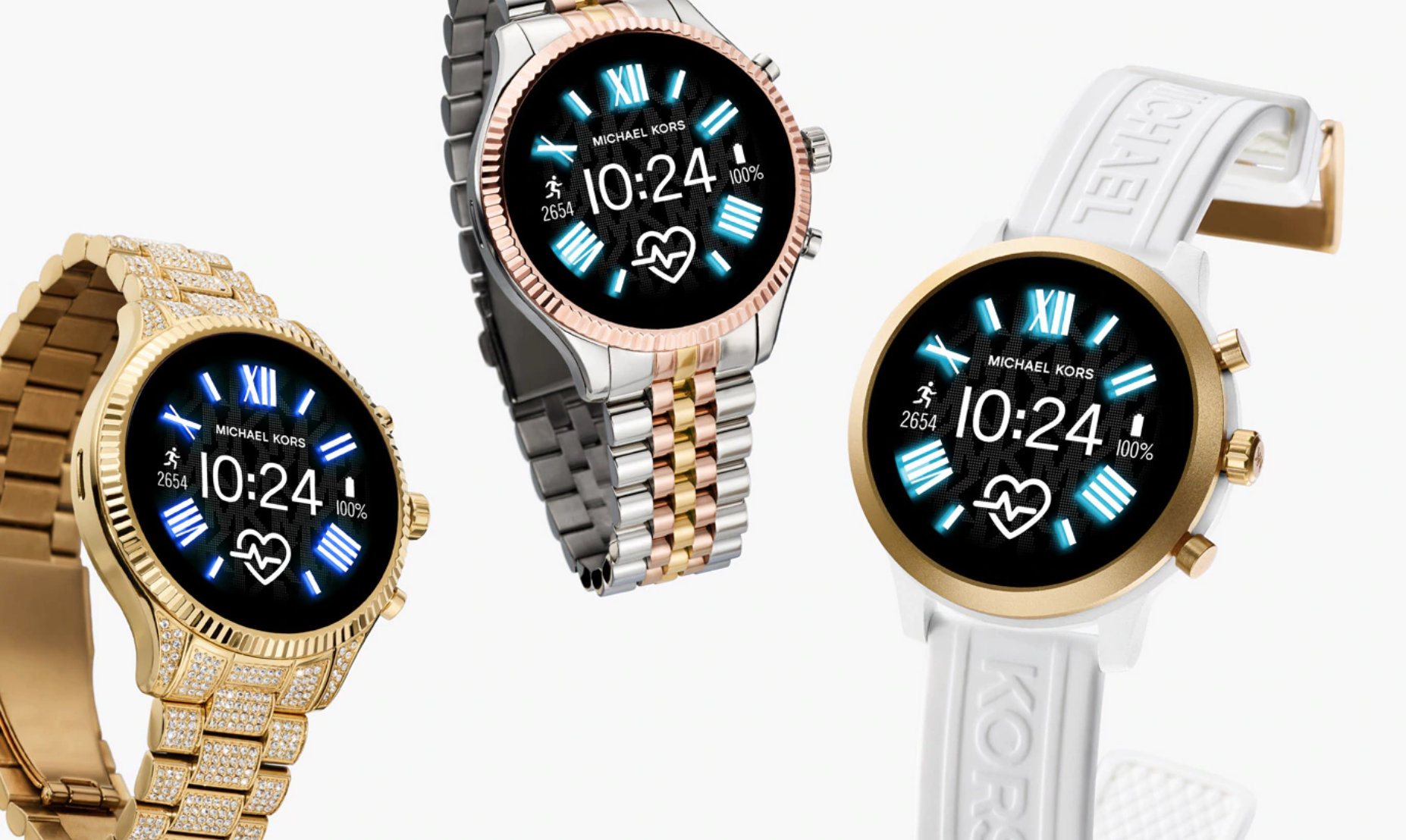 Three Michael Kors smartwatches with illuminated blue Roman numerals and health tracking display.