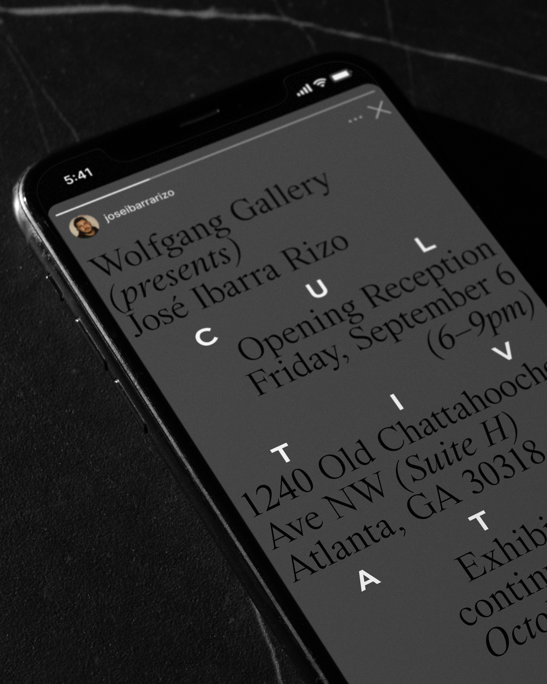 Smartphone screen showing a Wolfgang Gallery art exhibition announcement in black and white.