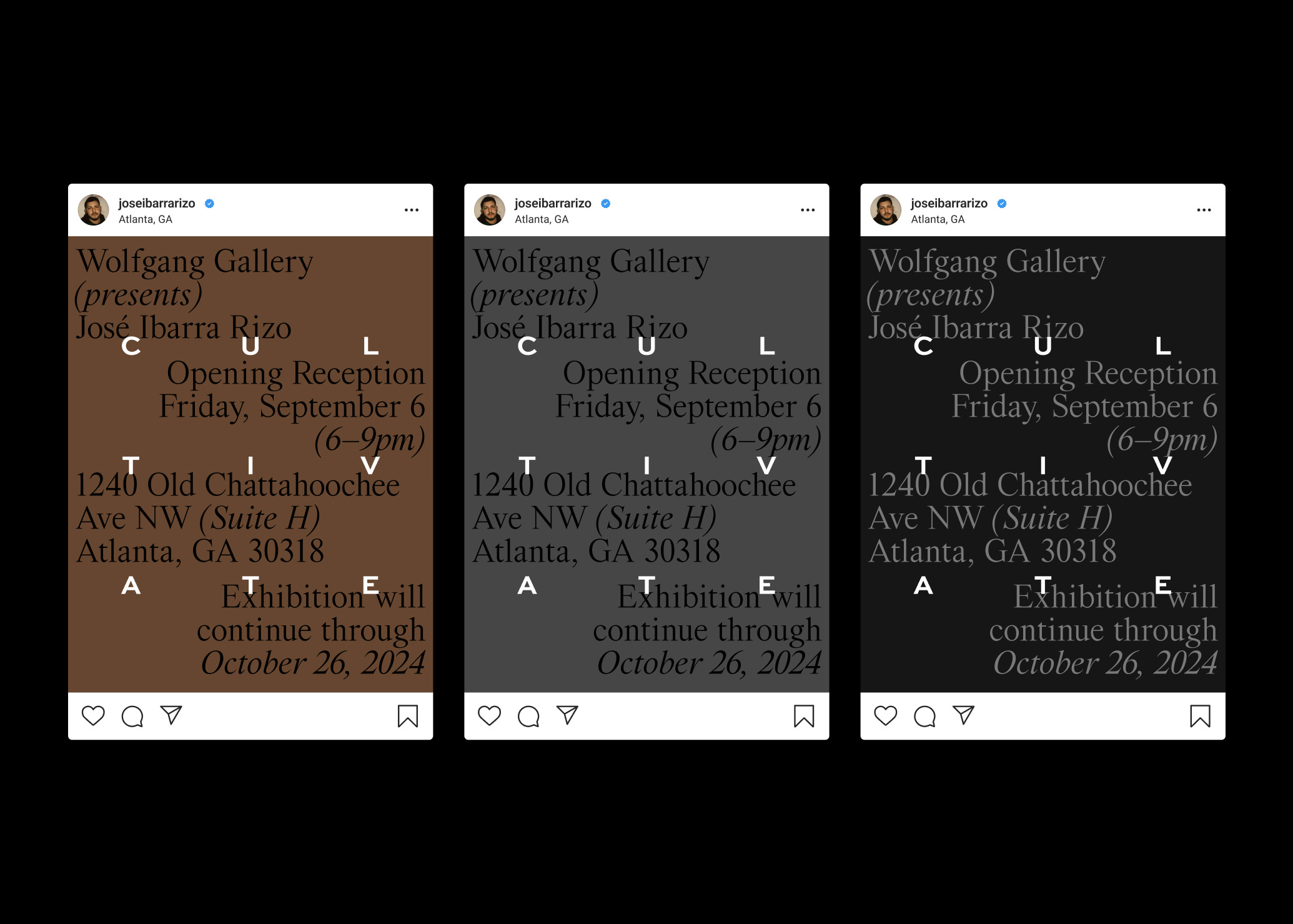 Three social media posts announcing José Ibarra Rizo's art exhibit opening Sept 6 at Wolfgang Gallery Atlanta.