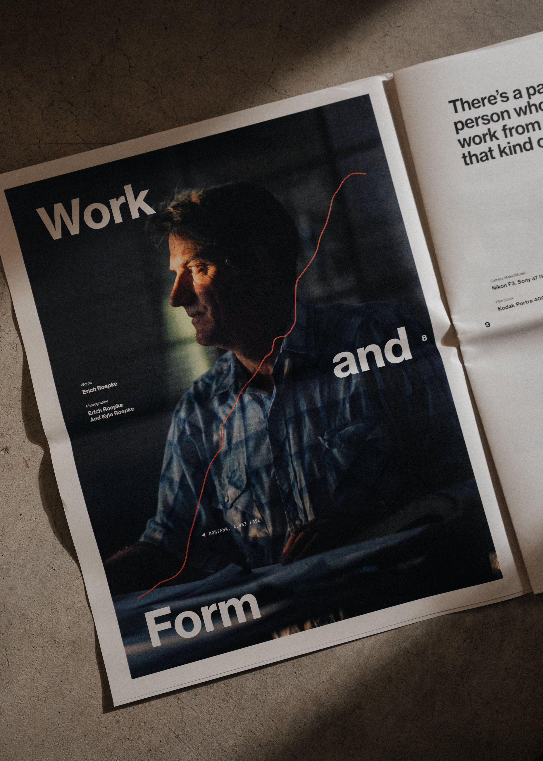 Magazine spread showing an older man in a checkered shirt with text 'Work and Form' overlaid.