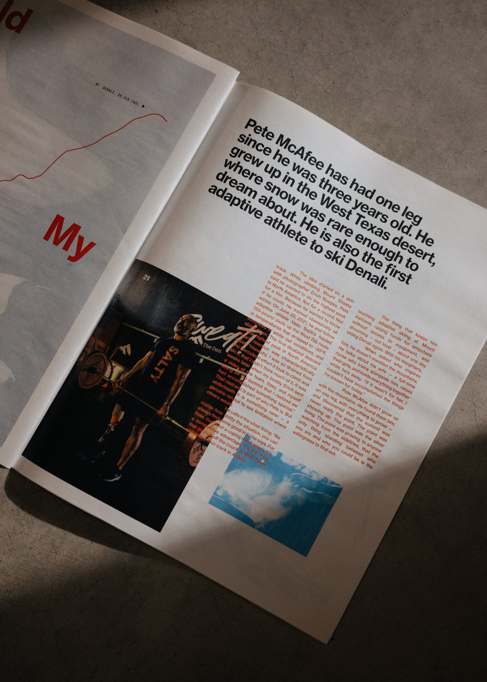 Magazine page about Pete McAfee, an adaptive athlete with one leg who skis Denali, with a photo of him lifting weights.