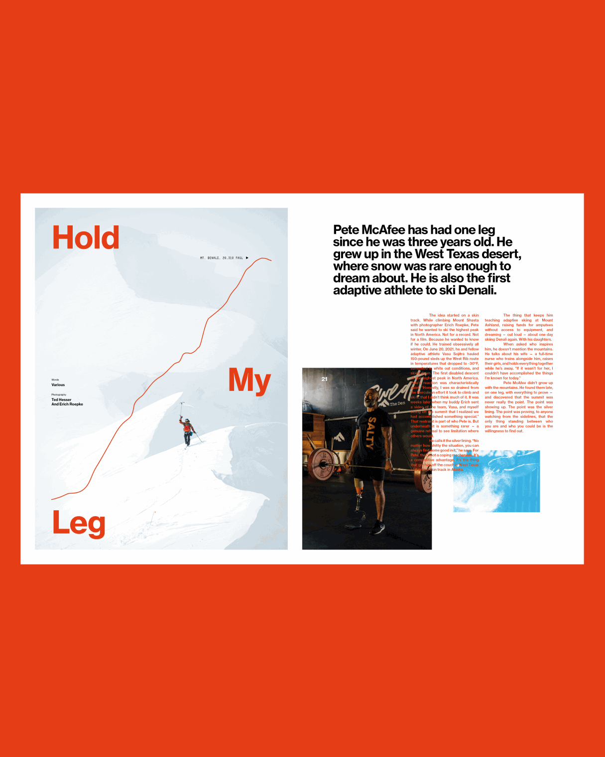 Pete McAfee, a one-legged athlete, deadlifting with prosthetic legs in a gym, text about his story.