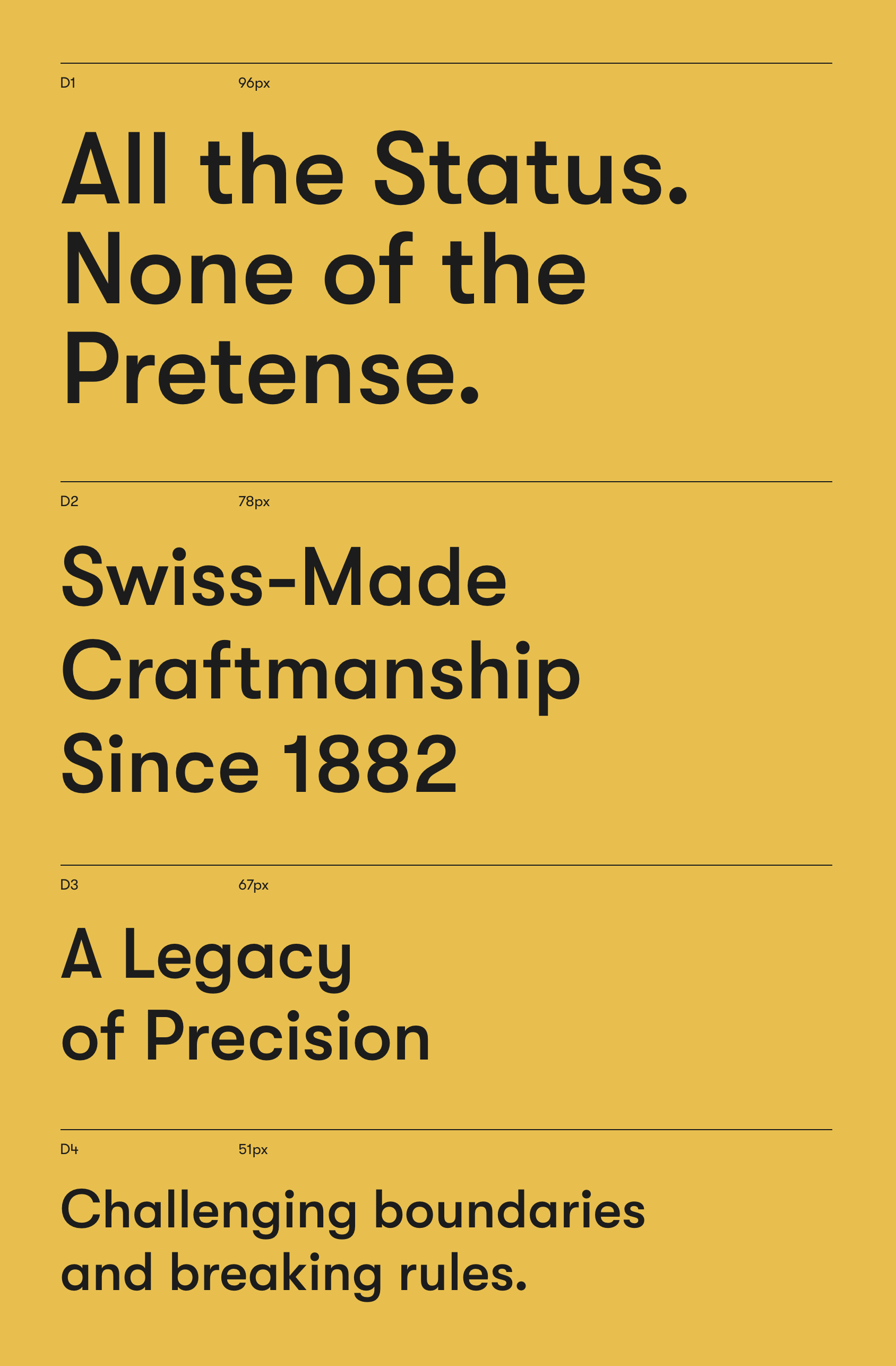Black text on yellow background with phrases about status, Swiss craftsmanship, precision, and breaking rules.