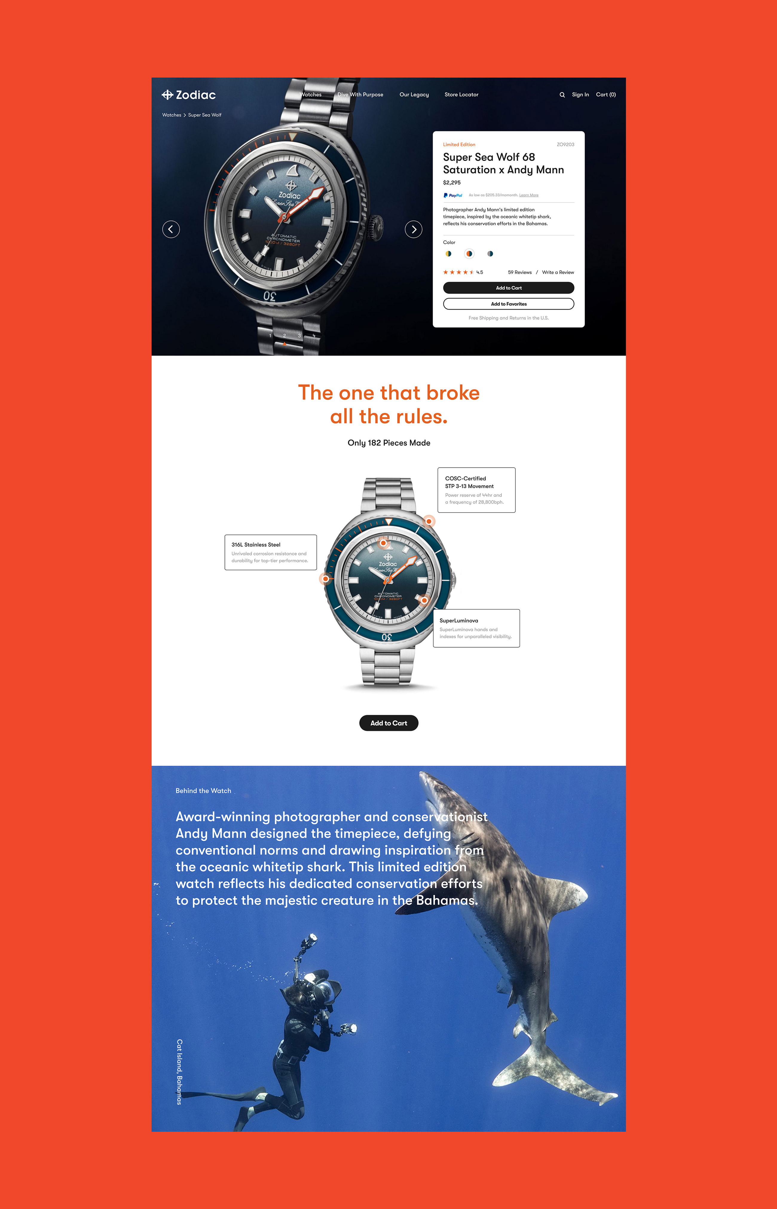 Limited edition Zodiac Super Sea Wolf 68 watch with details and a diver photographing a large oceanic whitetip shark.