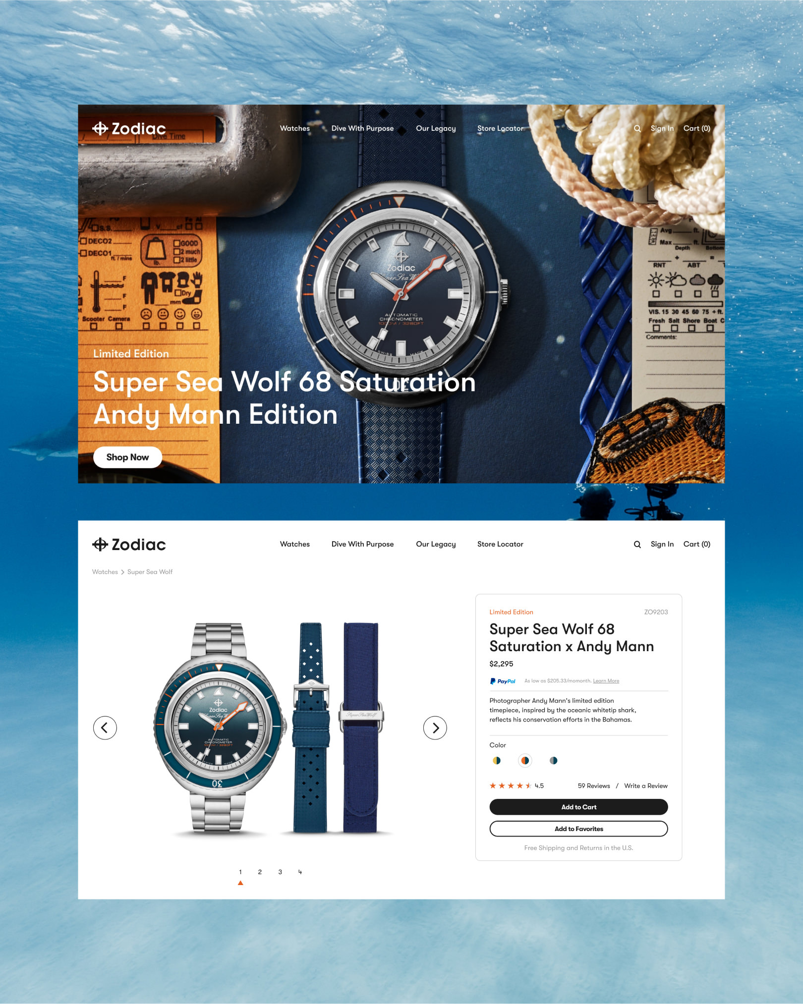 Zodiac Super Sea Wolf 68 Saturation Andy Mann Edition watch with two extra straps and product details.