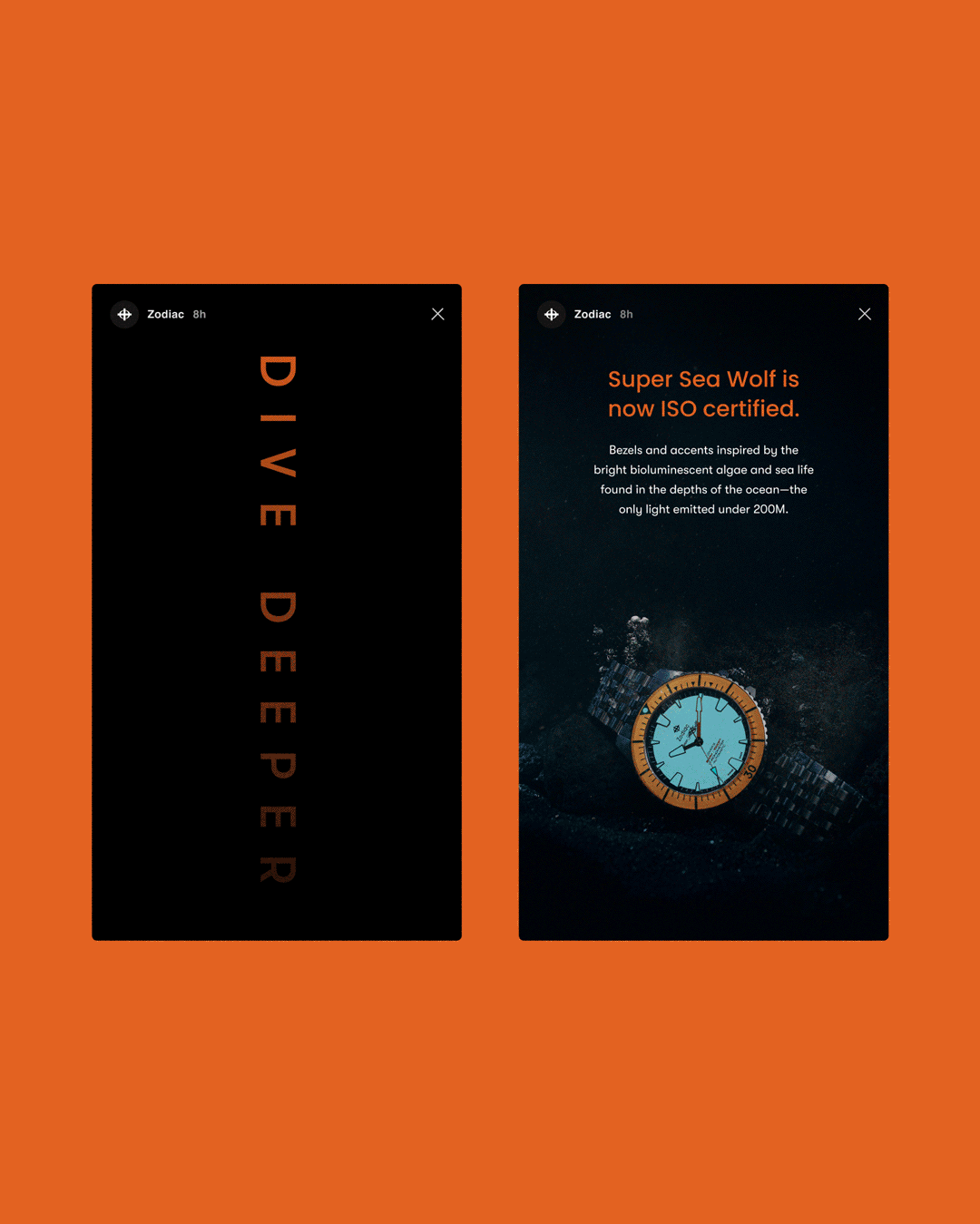 Side-by-side images: left black with orange text 'DIVE DEEPER', right watch under water with ISO certification text.
