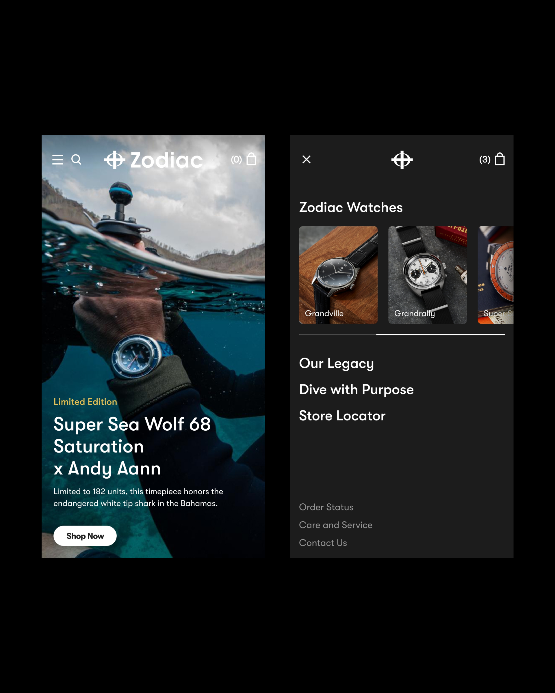 Split screen shows diver's wristwatch underwater and Zodiac Watches menu with watch images and navigation links.