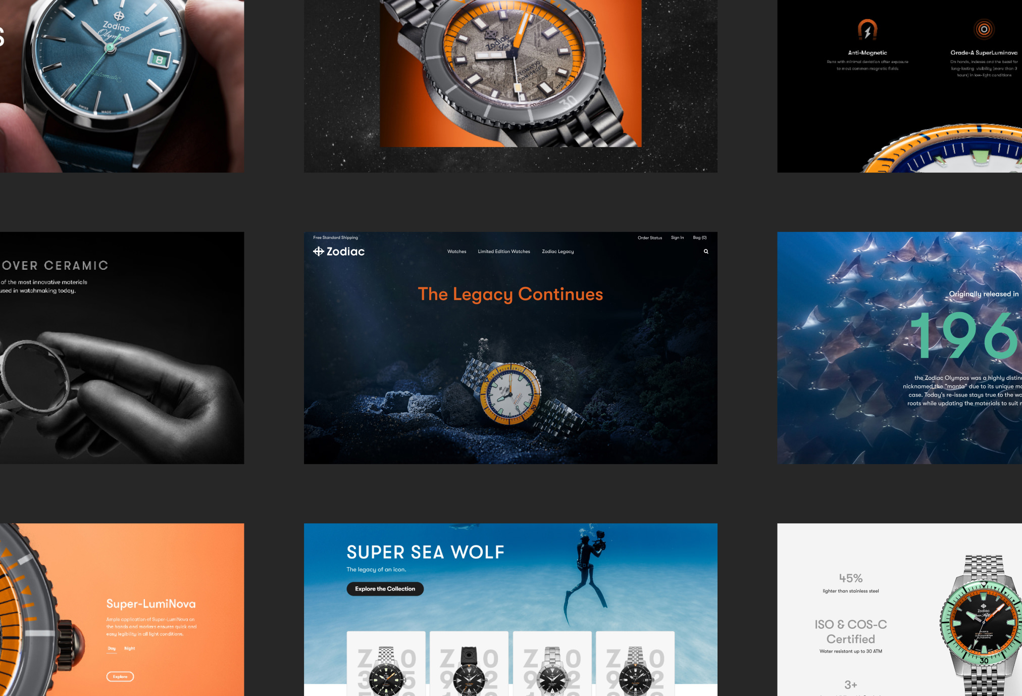 Grid of images showcasing Zodiac watches, underwater scenes, and watch details on dark backgrounds.
