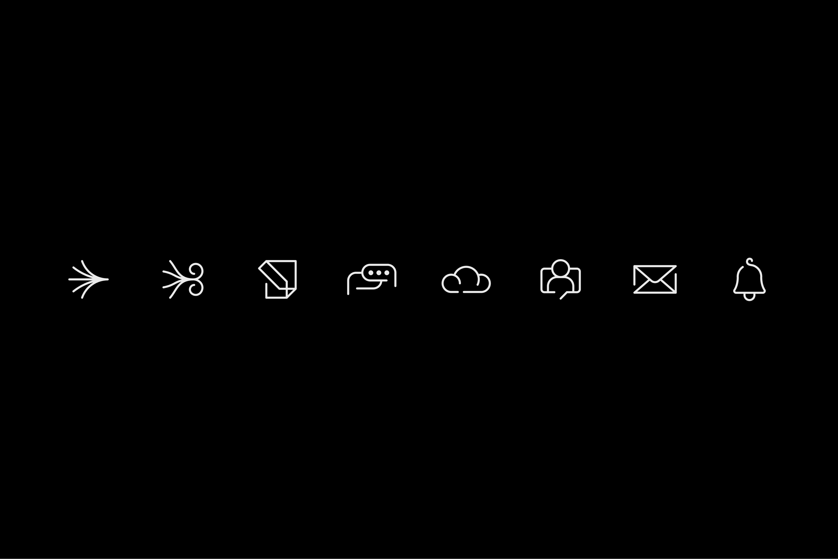 A row of eight minimalist icons including air flow, paper, chat, cloud, user, envelope, and bell.