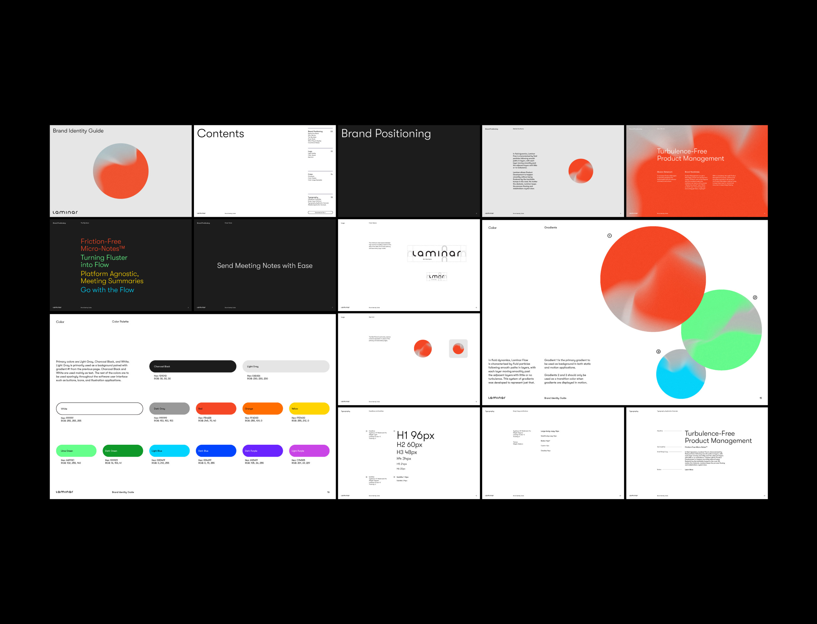 Brand identity guide pages with brand positioning, color palette, typography, and product management themes.