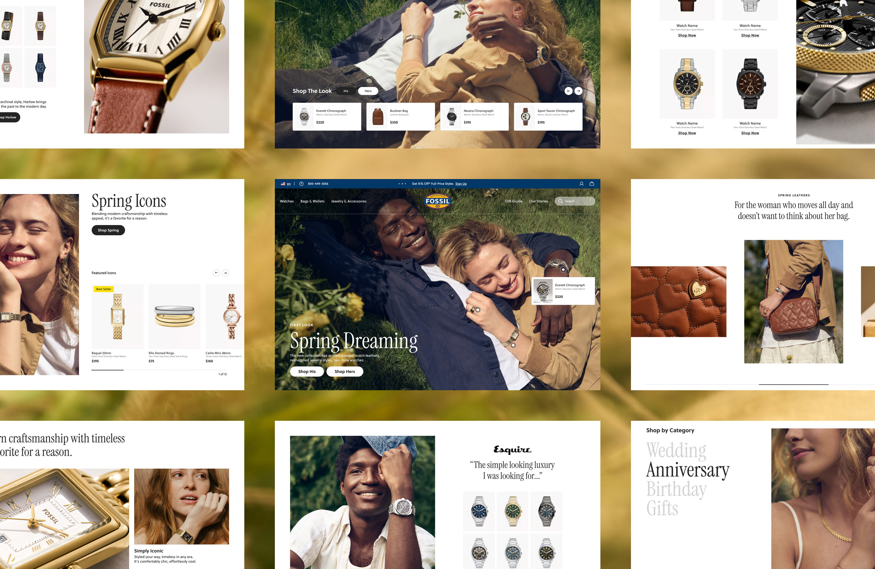 Collage of Fossil brand watches, jewelry, and bags with lifestyle images and product displays.